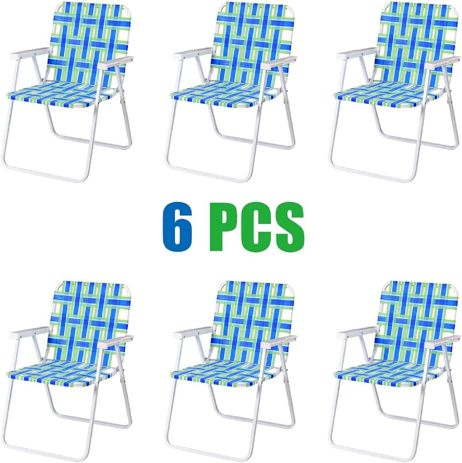 GYMAX Folding Chair, 6Pcs Patio Lawn Chair Set with Armrest, Indoor/Outdoor 6 Pack Webbed Lightweight Dinning Chair, Portable Beach Chair for Outside, Poolside, Backyard (Blue & Green)