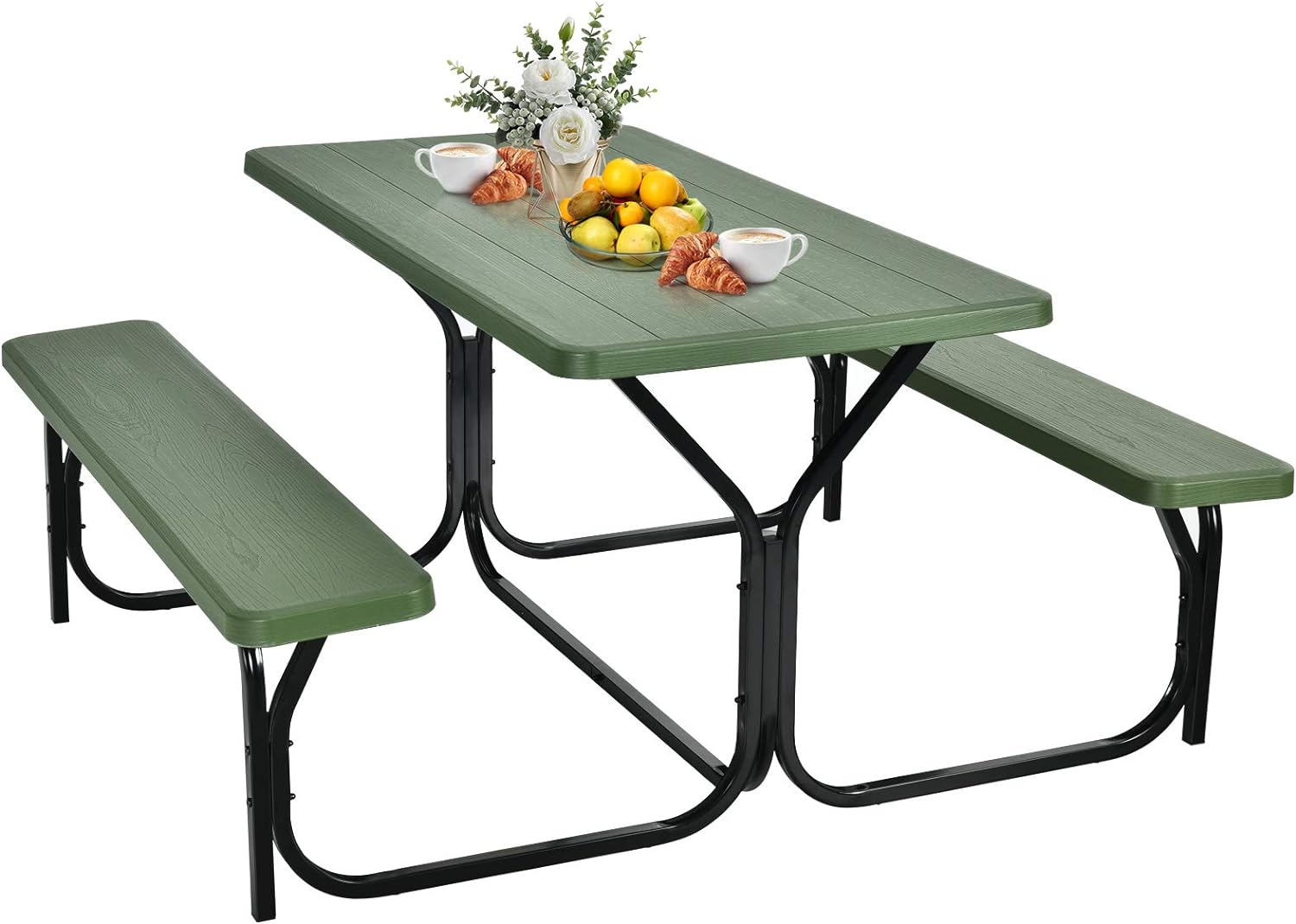 GYMAX Picnic Table, Table Bench Set w/Stable Steel Frame & All Weather Table Top for Outdoors Backyard Patio Poolside Lawn Dining Party