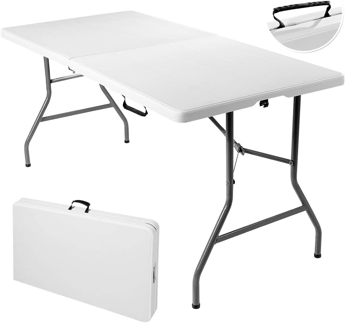 GYMAX 6FT Folding Tables, Portable Lightweight Camping Table with Carry Handle, Easy Fold Up Indoor/Outdoor Collapsible Table for Camp, Picnic, Patio (Basic White No Umbrella Hole)