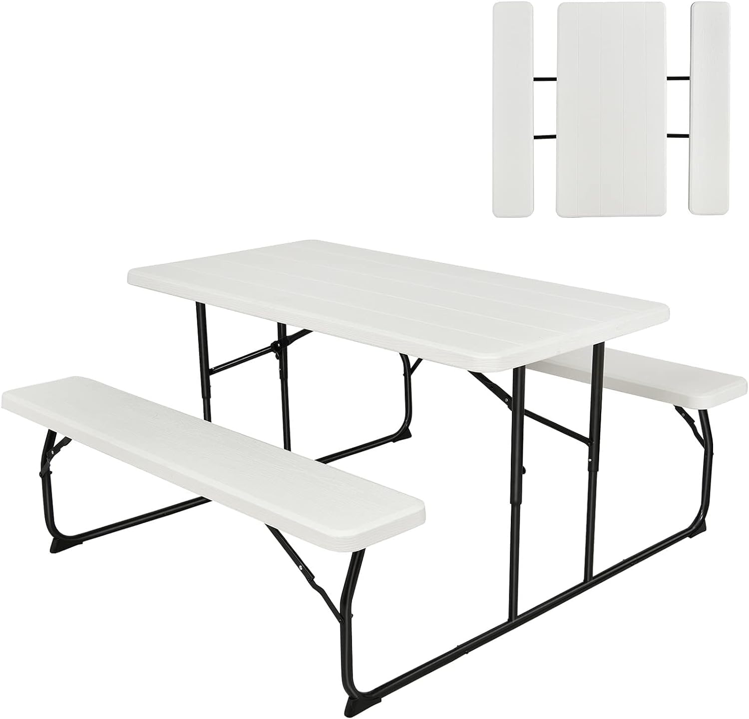 GYMAX Picnic Table, 550 LBS Folding Picnic Tables with Benches & Seats, Weather-Resistant Easy Setup Portable Picnic Table, Wood-Like Foldable Picnic Tables for Outdoors Patio Deck Party BBQ (White)