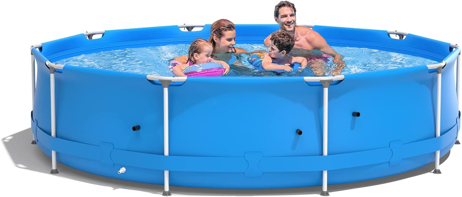 GYMAX 12ft x 31.5inch Above Ground Pool, Steel Frame Swimming Pool with Pool Cover, Tear-Resistance Durable Outdoor Pool for Backyard, Patio (Blue)