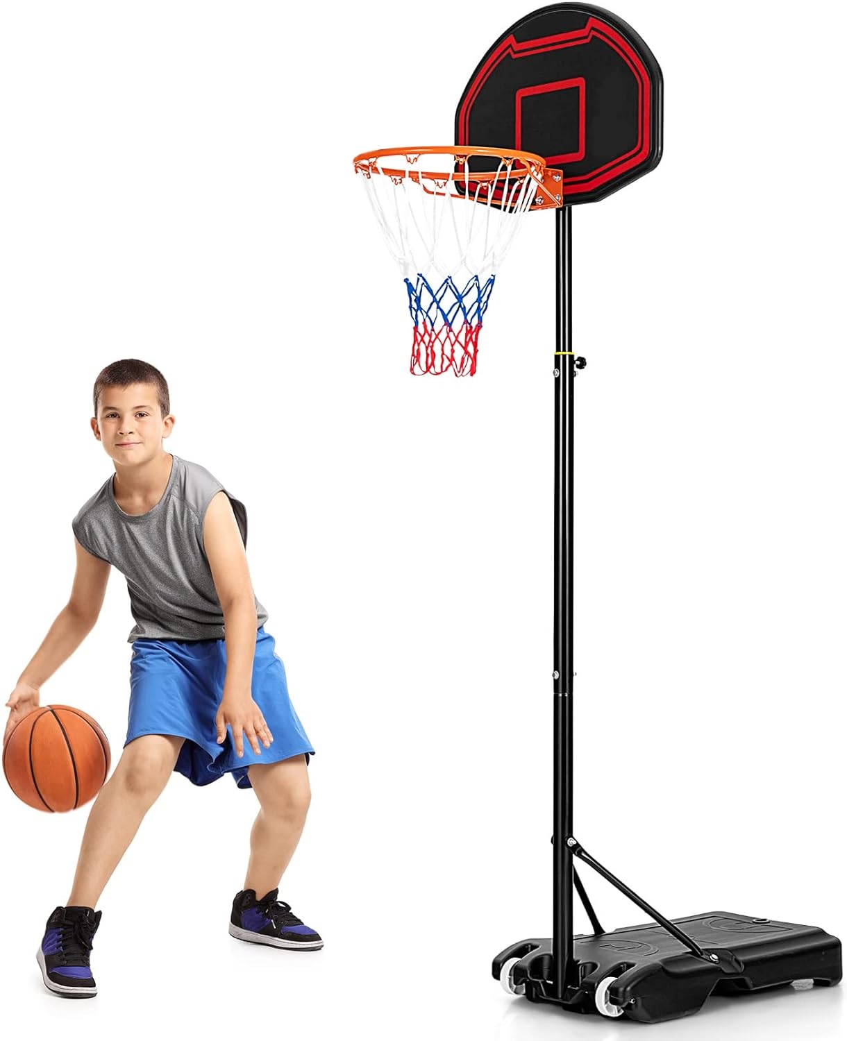 GYMAX Basketball Hoop, 6.3 ft-8.1ft Adjustable Basketball Goal with Shatterproof Backboard & Built-in Wheels, All weather Portable Basketball System for Kids Teens Adults, Indoor/Outdoor Gym, Backyard