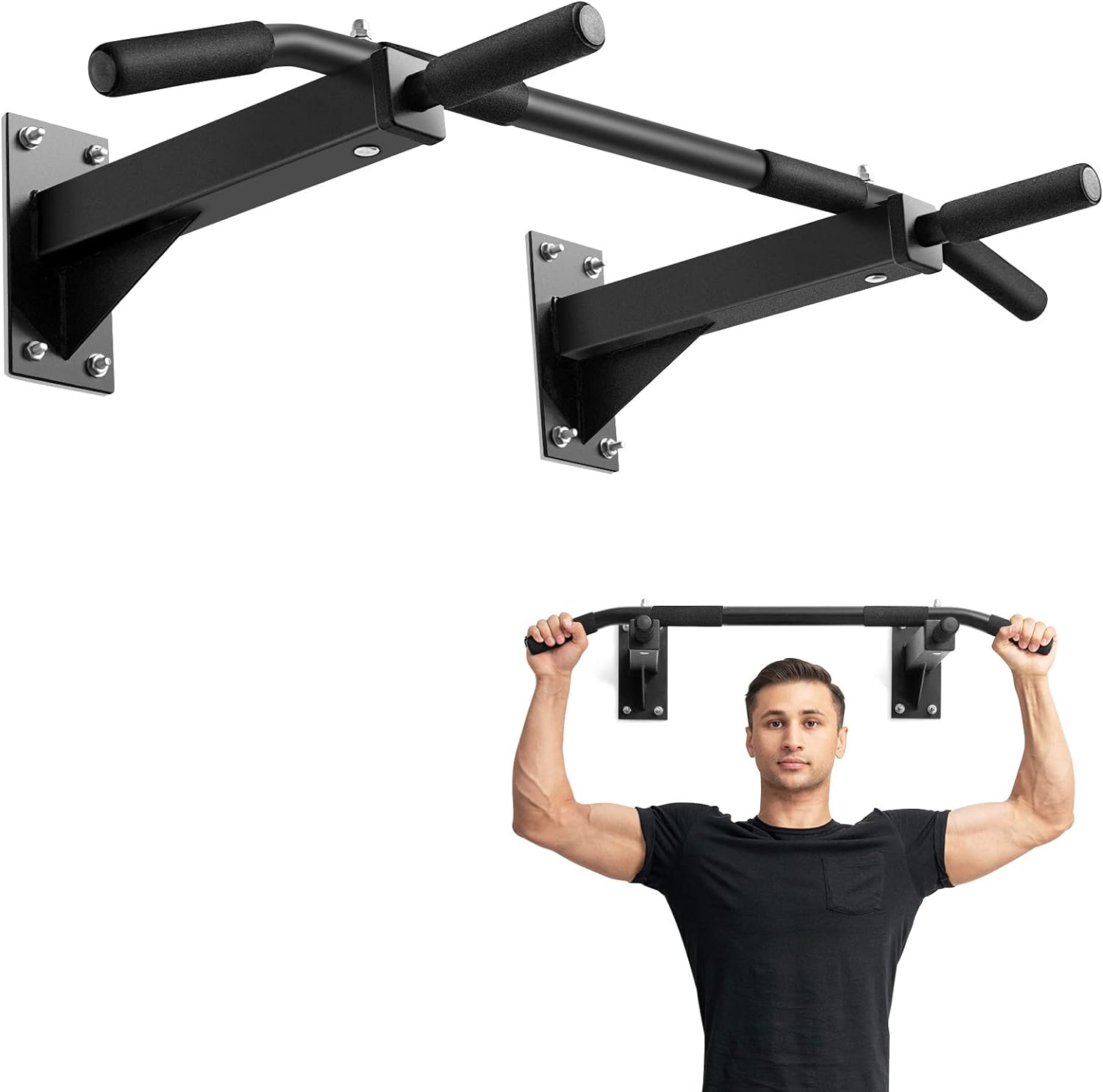 GYMAX Pull Up Bar, 440lbs Wall Mounted Pull Up Bar with 3 Grip Positions, Strength Training Chin Up Bar Station, Multi-Grip Upper Body Fitness Workout Bar