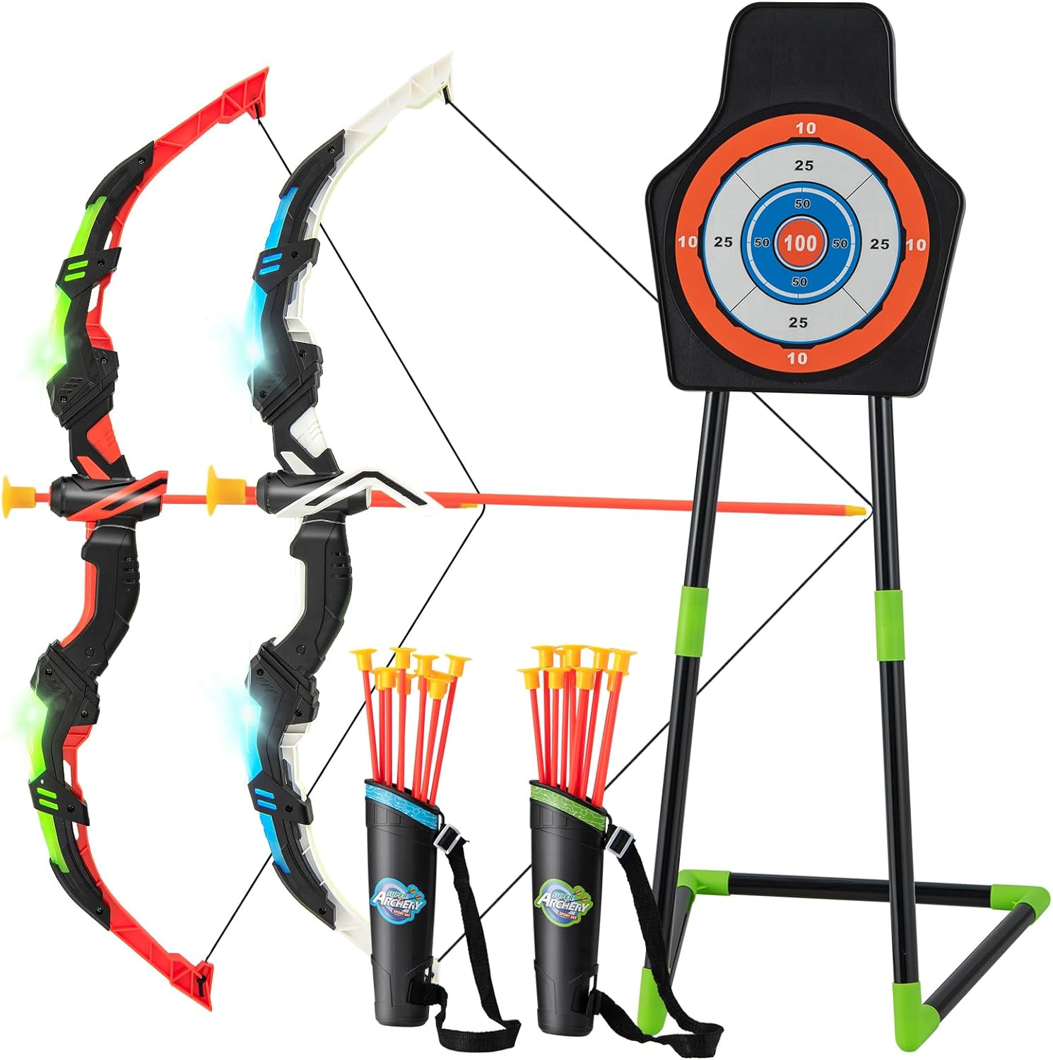 GYMAX Kids Bow and Arrow Set, 2 Pack Archery Set with 2 LED Light Up Bow, 20 Suction Cup Arrows, Standing Target & Arrow Case, Toddler Youth Play Archery Target Set, Recurve Bows for Indoor/Outdoor, B