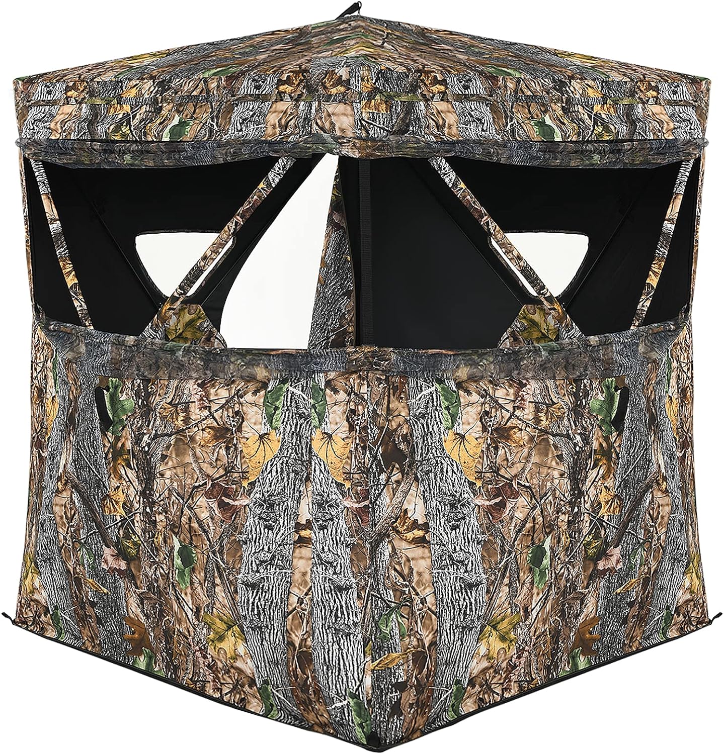 GYMAX Hunting Blind, 3 Person Pop Up See Through Silent Sliding Ground Blind with Hub System, Triangle Zipper Door & Carry Bag, Camouflage Mossy Backwoods Waterproof Deer Hunting Blind Tent