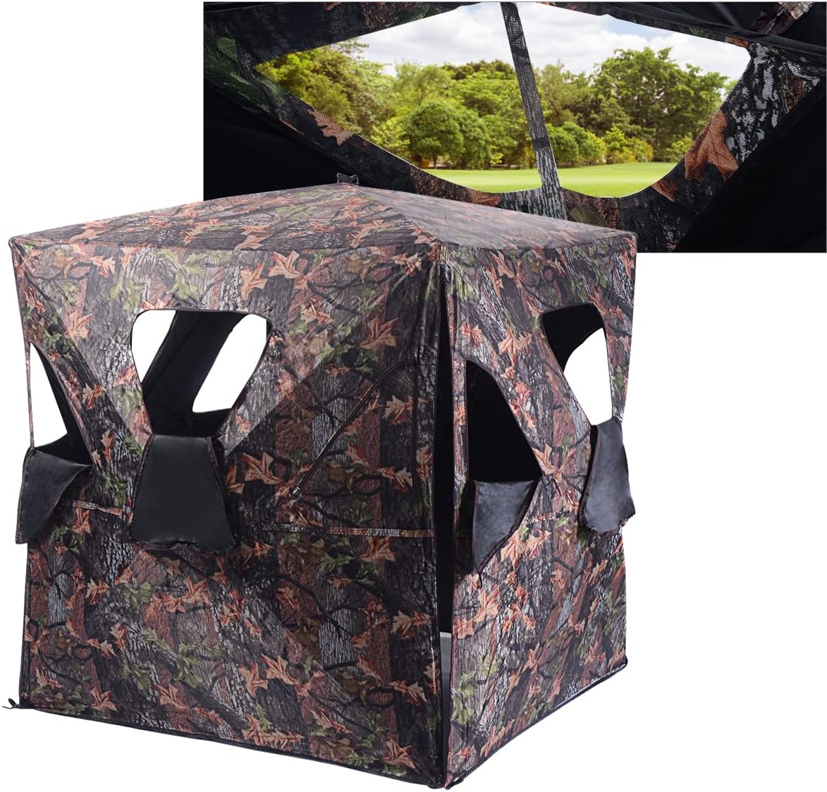 GYMAX Hunting Blind, 2-3 People Pop Up Ground Blind Tent, 360 Degree See Through for Deer,Turkey, Portable Durable Hunting Tent with Mesh Window, Hub System & Carry Bag, Camo Ground Blinds