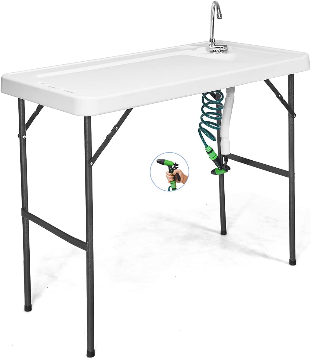 GYMAX Fish Cleaning Table with Sink, Folding Fish Cleaning Station with Adjustable Extending Spray Cleaner, Foldable & Rotabtable Faucet, Portable Fillet Table for Outdoor Camping, Fishing, Picnic