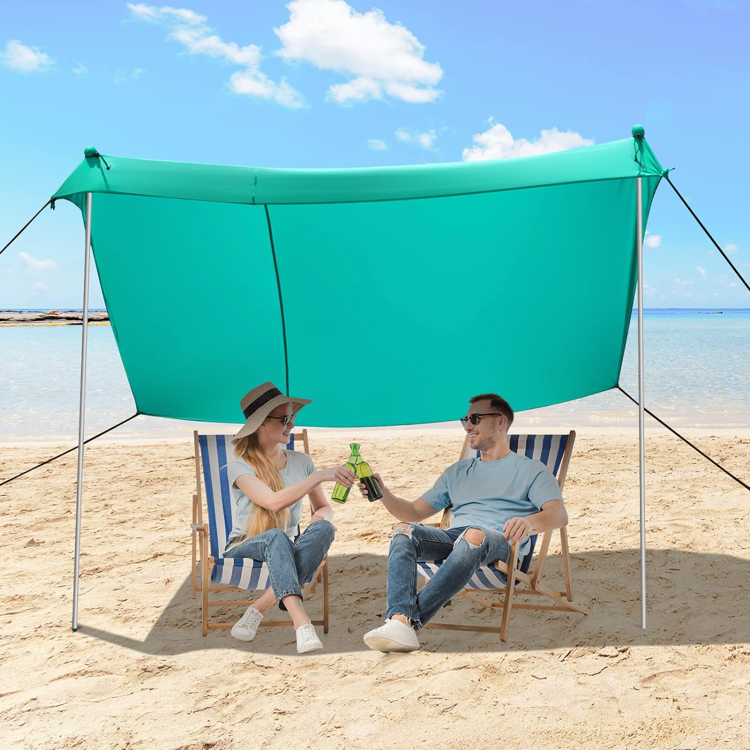 GYMAX Family Beach Tent, UPF50  Portable Sunshade Shelter with Ground Pegs, Aluminum Poles & Carry Bag, Pop Up Canopy for Beach Picnic Camping Outdoor Activities (Green, 10)