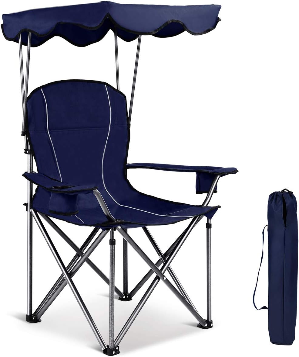 GYMAX Camping Chair, Folding Outdoor Lawn Chair with Canopy, Carry Bag & Cup Holder, Portable Heavy Duty Camp Chair for Outside Travel, Picnic, Beach Soccer Chairs