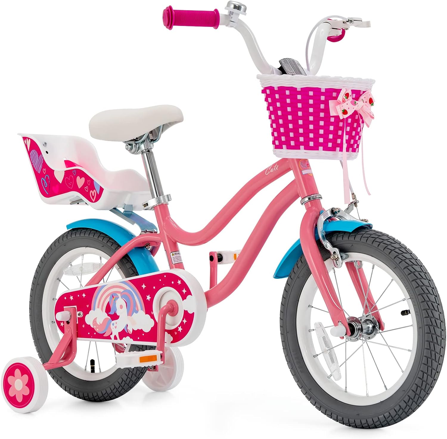 GYMAX Kids Bike, 14 18 Inch Kids Bicycle with Removable Training Wheels, Coaster Brake, Handbrake, Basket & Doll Chair, Toddler Girls & Boys Bike for Age 3-9