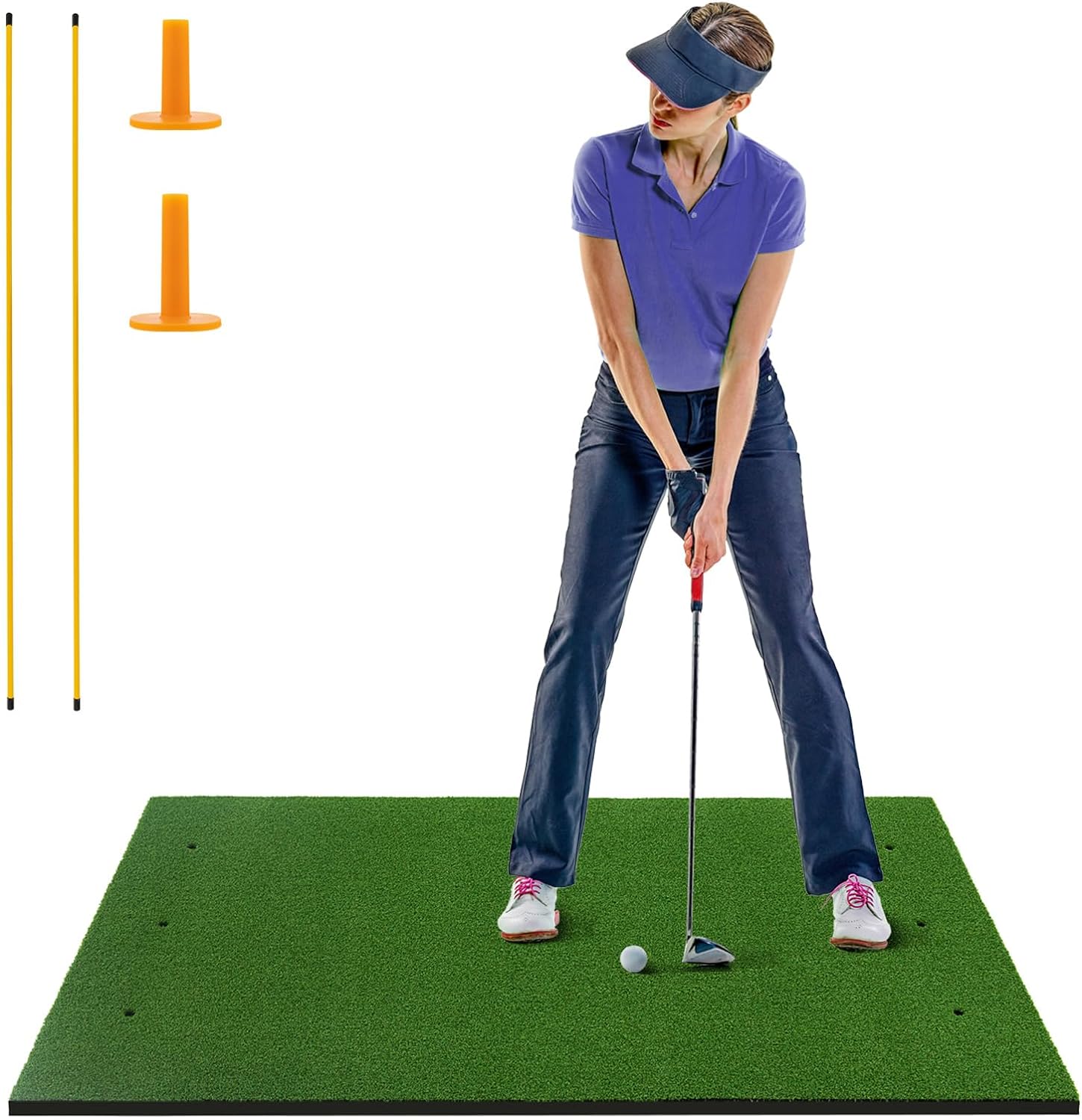 GYMAX Golf Mat, Artificial Turf Golf Hitting Mat w/ 2 Alignment Sticks & 2 Rubber Tees, Thick Golf Practice Mat Training Aid for Backyard, Golf Chipping Swing Mat for Indoor/Outdoor