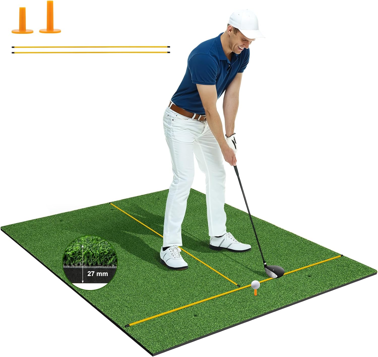 GYMAX Golf Mat, Artificial Turf Golf Hitting Mat w/ 2 Alignment Sticks & 2 Rubber Tees, Thick Golf Practice Mat Training Aid for Backyard, Golf Chipping Swing Mat for Indoor/Outdoor