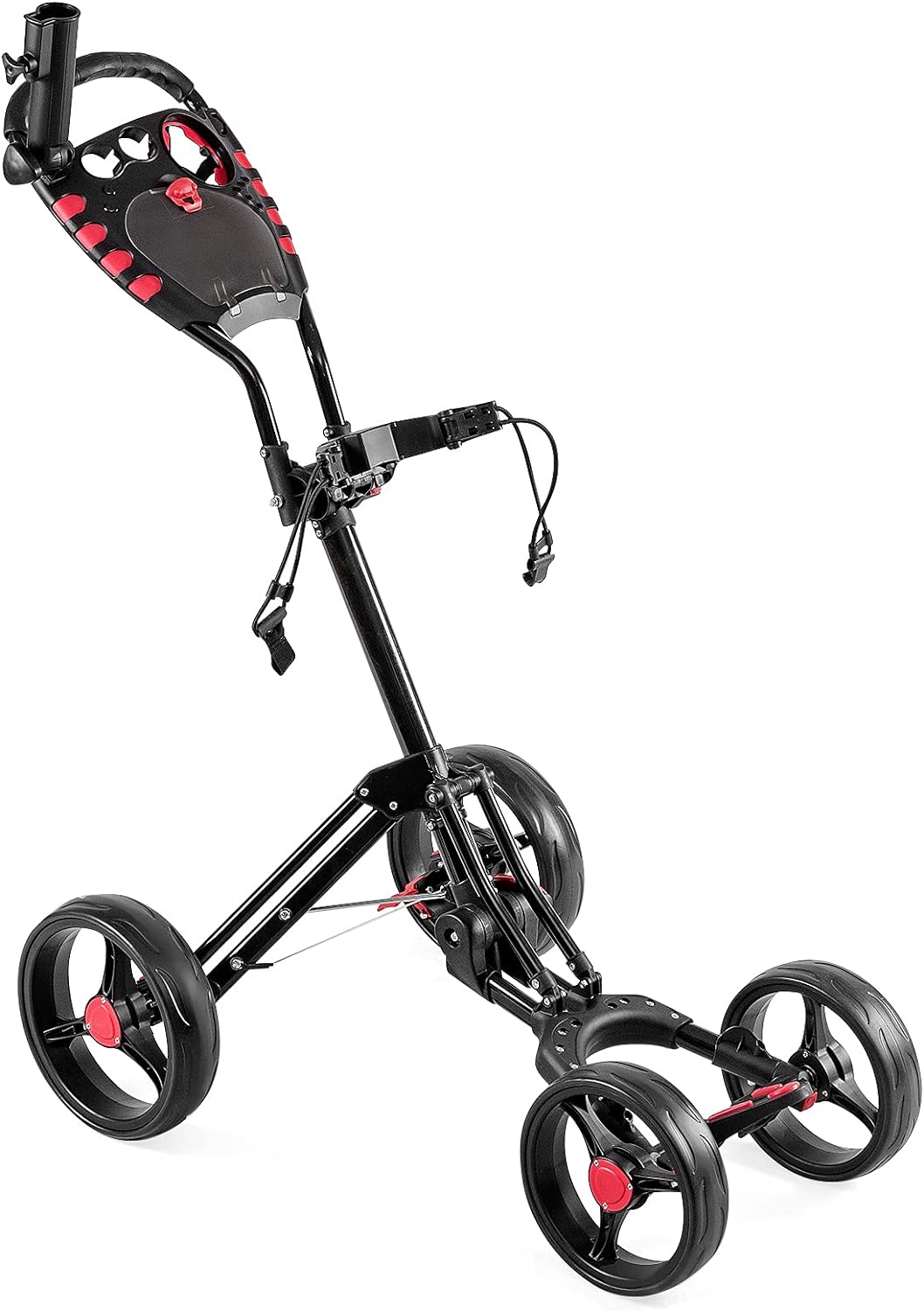 GYMAX Golf Push Cart, 4 Wheel Folding Lightweight Push Pull Cart Trolley with Drink Umbrella Holder & Scorecard, Convenient Quick Open Caddy Cart