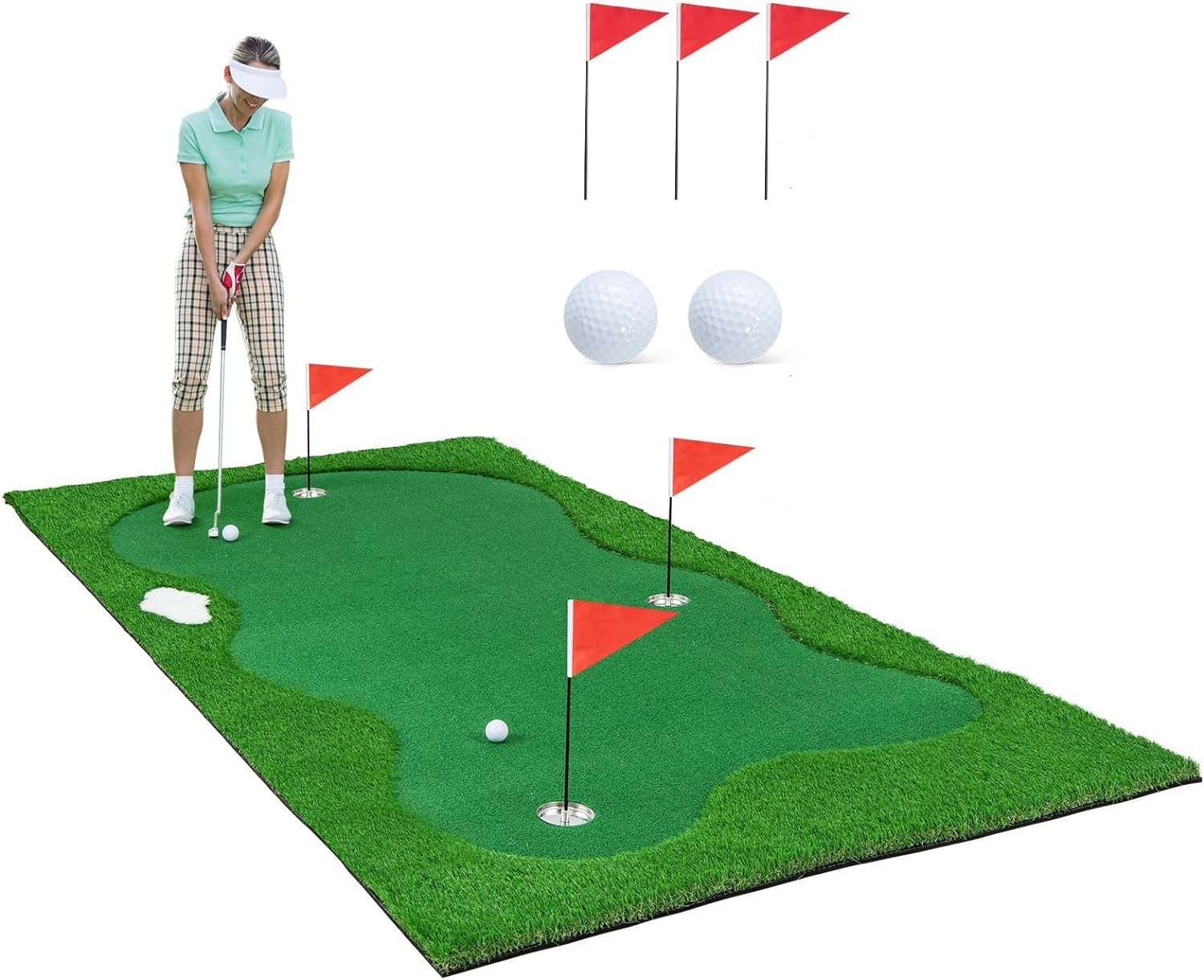 GYMAX Putting Green Indoor, Professional Practice Putting Green Mat, Includes 2 Golf Balls, 3 Golf Cups, 3 Hole Covers & 3 Flags, Large Realistic Golf Training Mat for Indoor/Outdoor