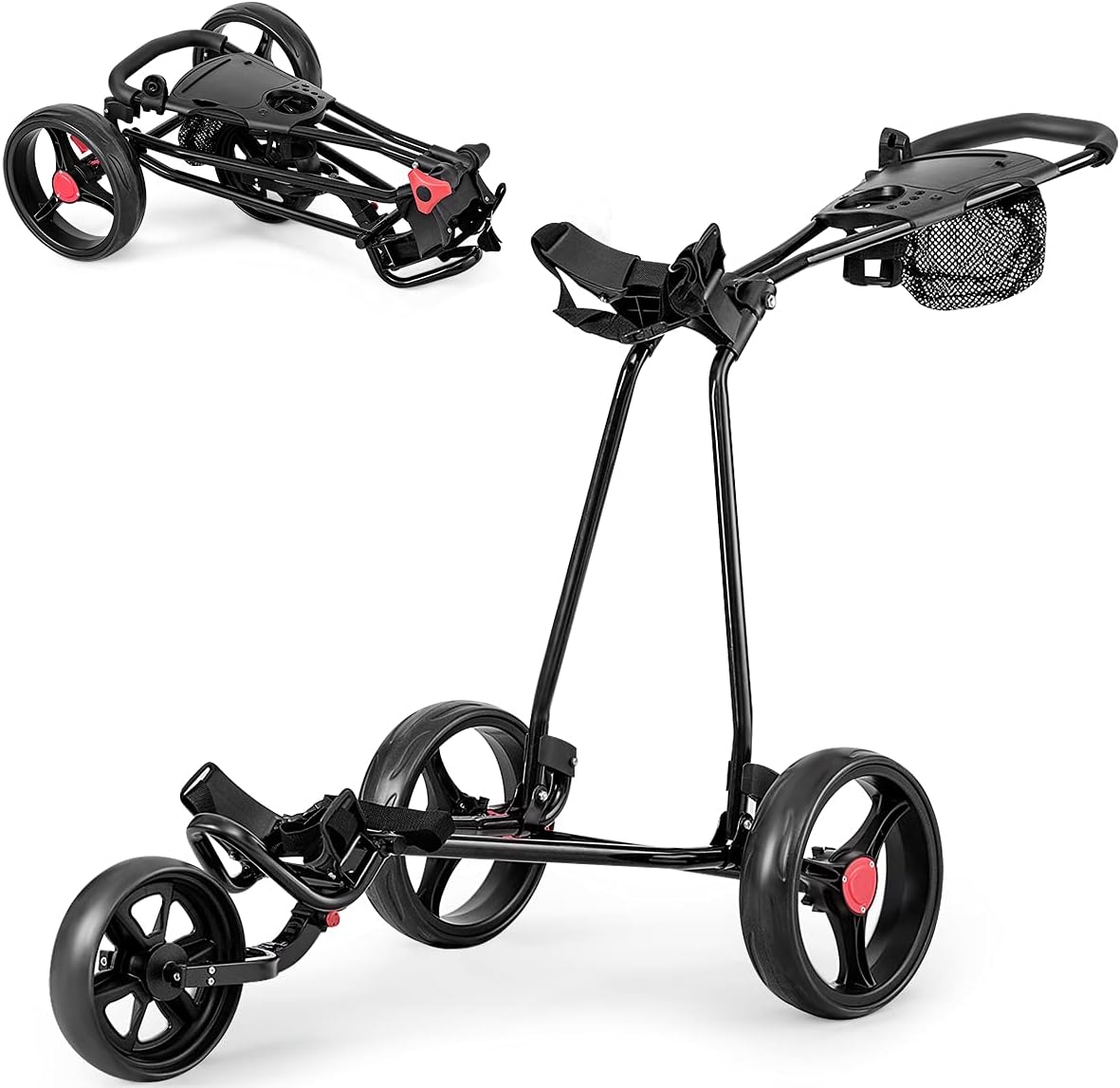 GYMAX Folding Golf Push Cart, 3 Wheel Adjustable Golf Pull Trolley with Cup Holder, Umbrella Holder, Rare Wheel Foot Brake Pocket Storage & Scoreboard, Lightweight Caddy Cart for Men Women Kids Club