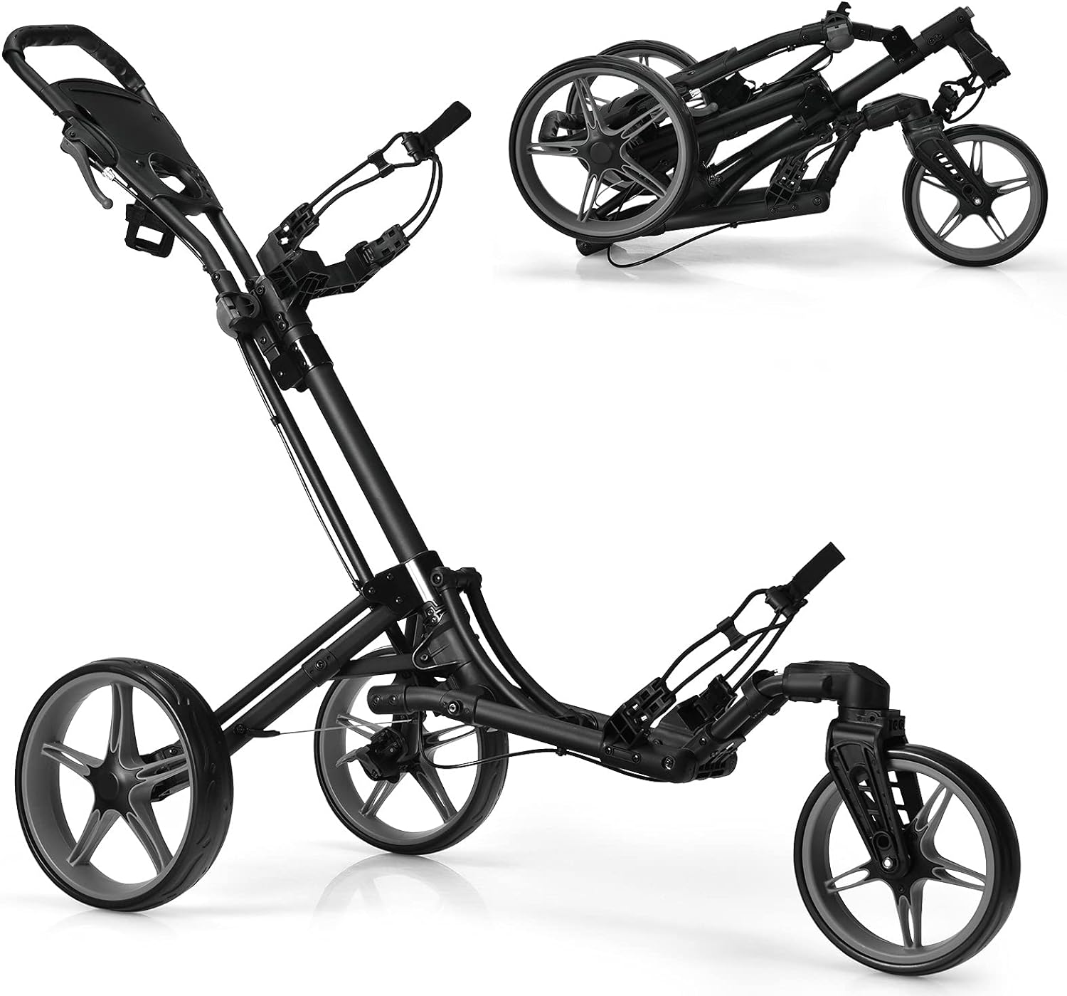 GYMAX Folding Golf Push Cart with Swivel Front Wheel, 3 Wheel Adjustable Golf Pull Cart, Easy Folding Compact Golf Trolley for Clubs