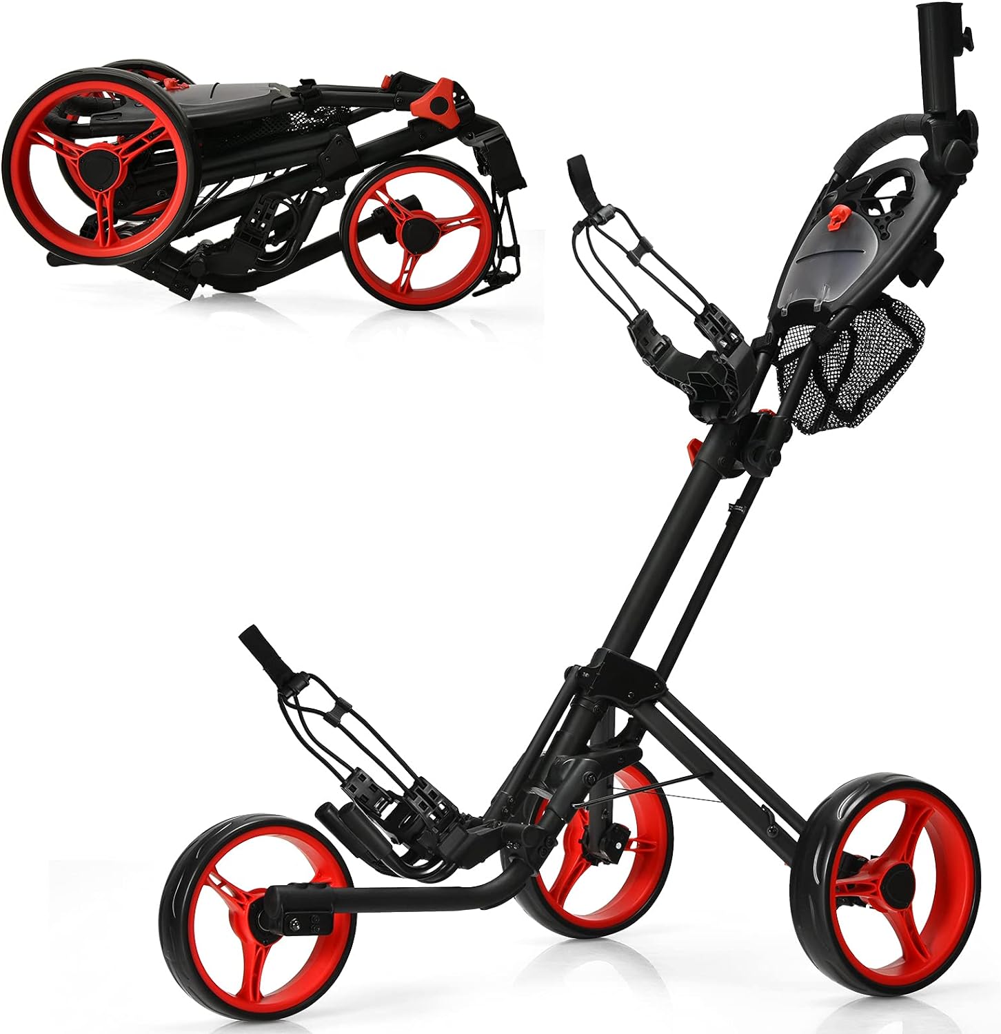 GYMAX Folding Golf Push Cart, 3 Wheel Height Adjustable Lightweight Golf Push Trolley W/Umbrella Holder & Mesh Bag, Quick Open Fold Golf Trolley Cart