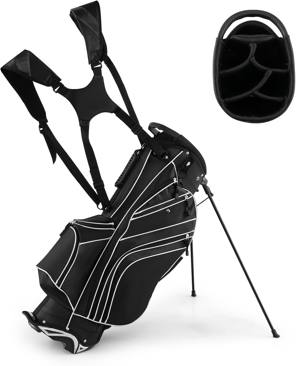 GYMAX Golf Stand Bag, 6 Way Divider Golf Club Bag with 8 Pockets, Rain Hood, Umbrella Holder & Glove Sticker, Portable Lightweight Golf Bag for Men Women