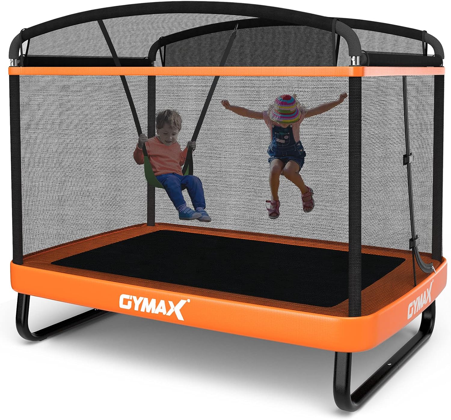 GYMAX 6FT Kids Trampoline with Swing, ASTM Approved Rectangle Recreational Trampoline with Enclosure Safety Net, Indoor/Outdoor Baby Toddler Play Combo Bounce, Birthday for Boy & Girl