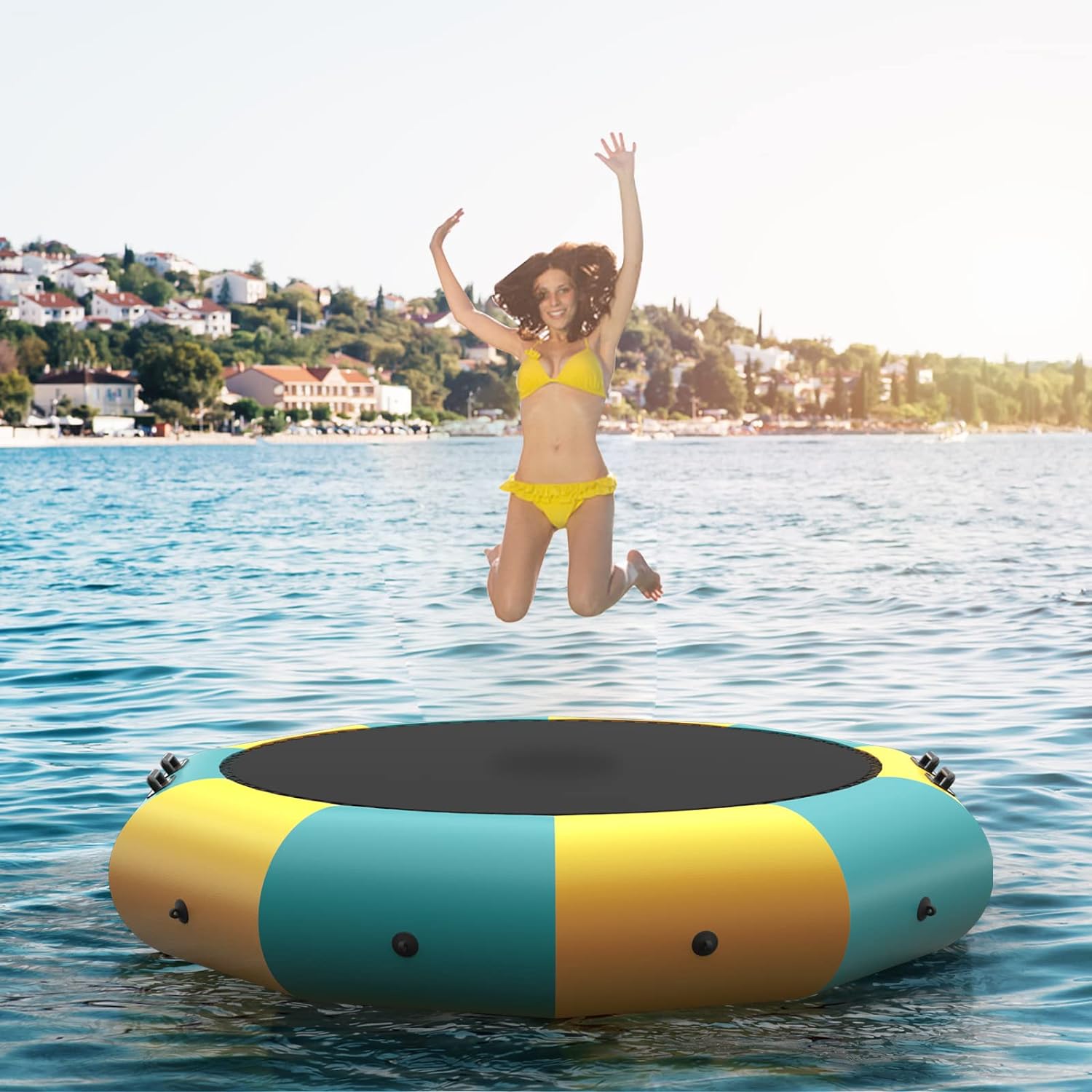 GYMAX Water Trampoline, 10ft 12ft 15ft Floating Lake Trampoline with Electric Pump & Rope Ladder, Inflatable Water Bouncer for Lake, Heavy Duty Water Trampoline for Adults, Teenagers (10Feet Yellow)