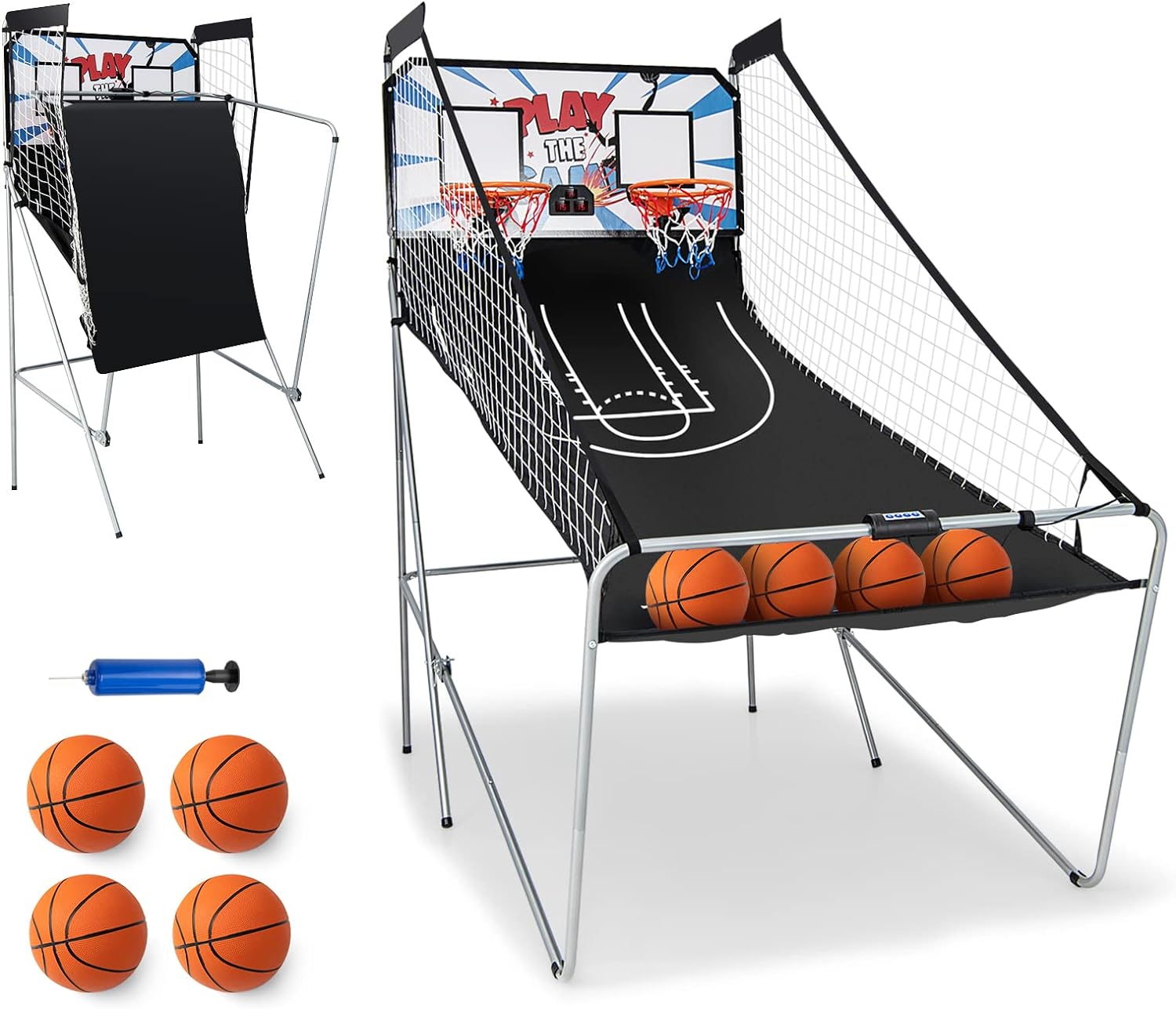 GYMAX Basketball Arcade Game Indoor, Foldable Basketball Game w/ 8 Game Modes, Arcade Sound, 4 Balls and Inflation Pump, Electronic Basketball Games for All Ages Home (White Light Blue)