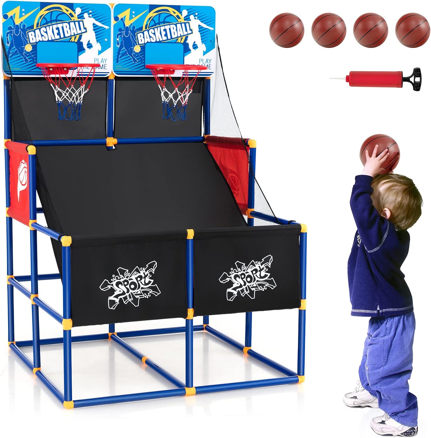 GYMAX Basketball Arcade Game Indoor, Double Shot Basketball Hoop Indoor with 4 Balls & Hand Pump, Mini Basketball Hoop for Kids Toddlers, Basketball Game Toys for Girls Boys