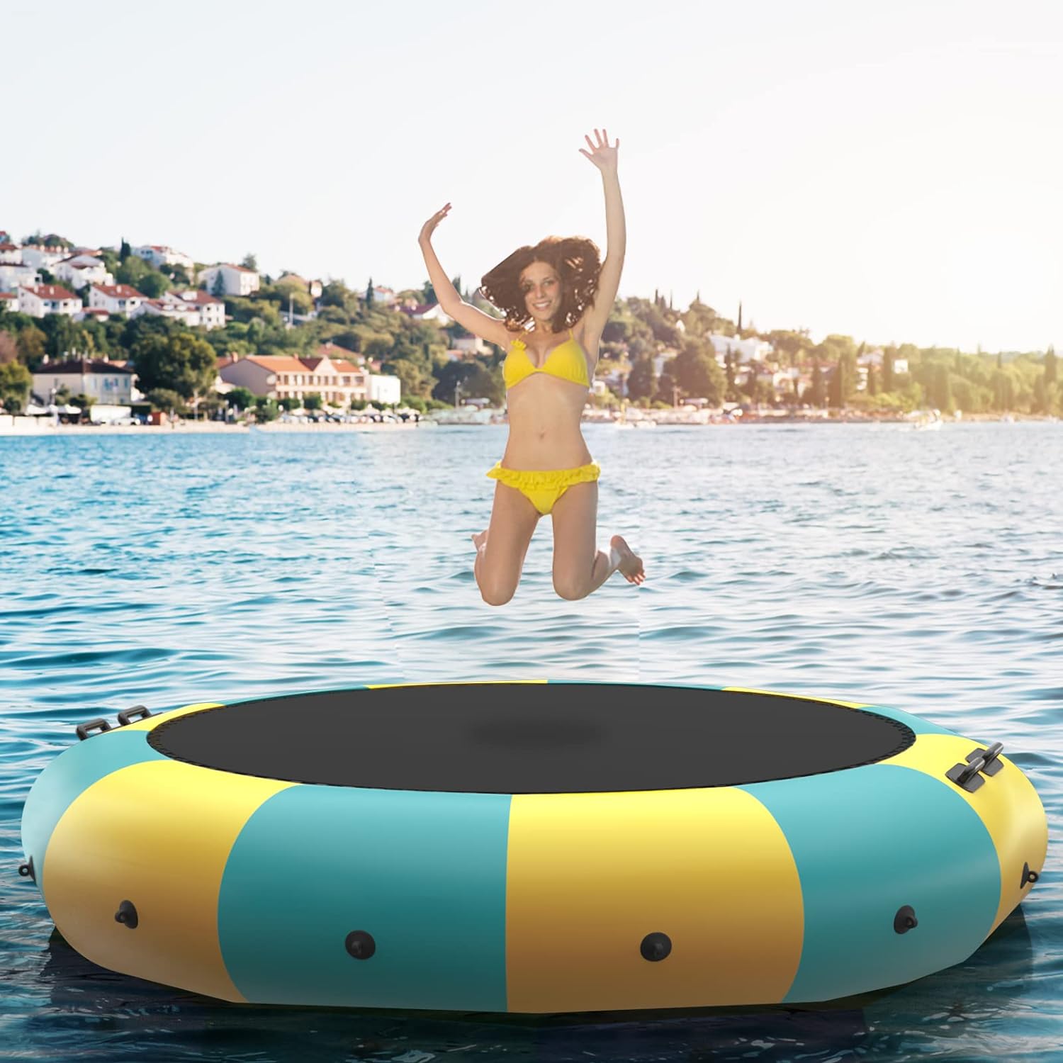 GYMAX Water Trampoline, 10ft 12ft 15ft Floating Lake Trampoline with Electric Pump & Rope Ladder, Inflatable Water Bouncer for Lake, Heavy Duty Water Trampoline for Adults, Teenagers (15Feet Yellow)