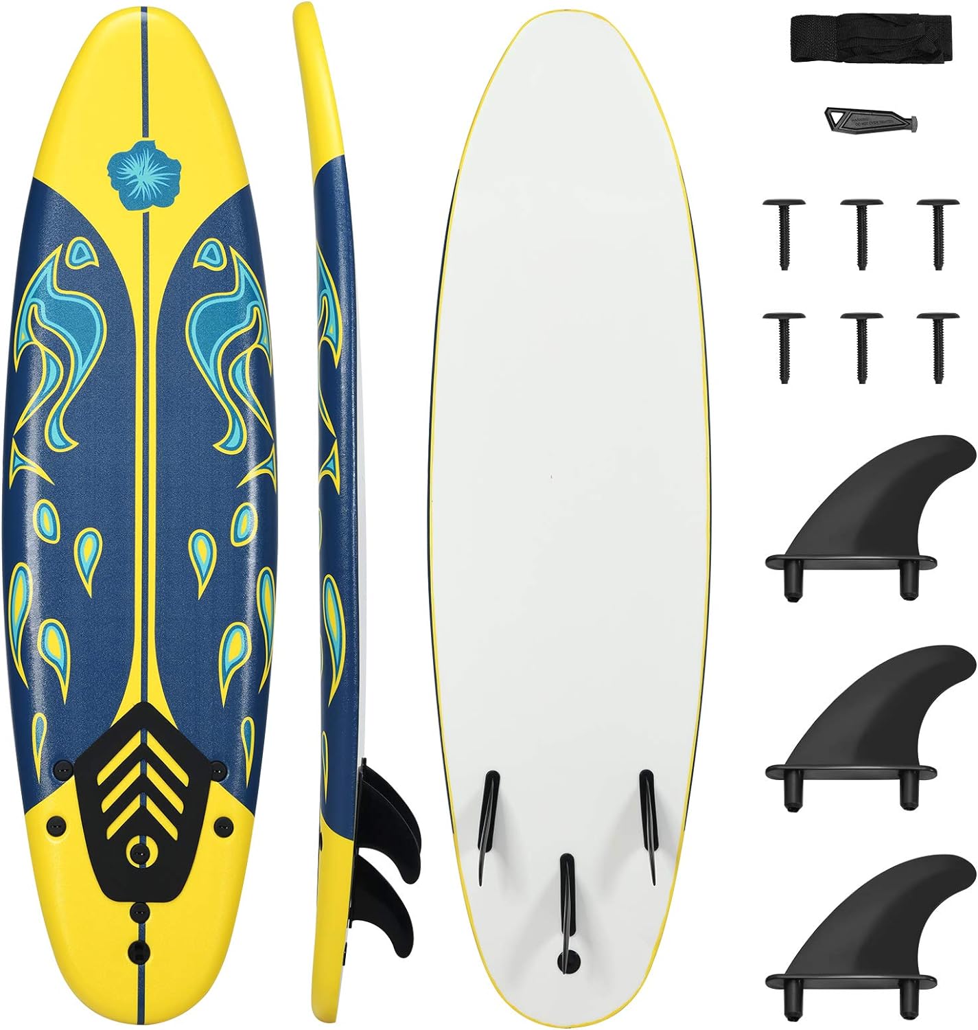 GYMAX Surfboard, 6' Body Board with Removable Fins & Protective Leash, Non-Slip Surfing Board for Surfing, Fishing Water Yoga