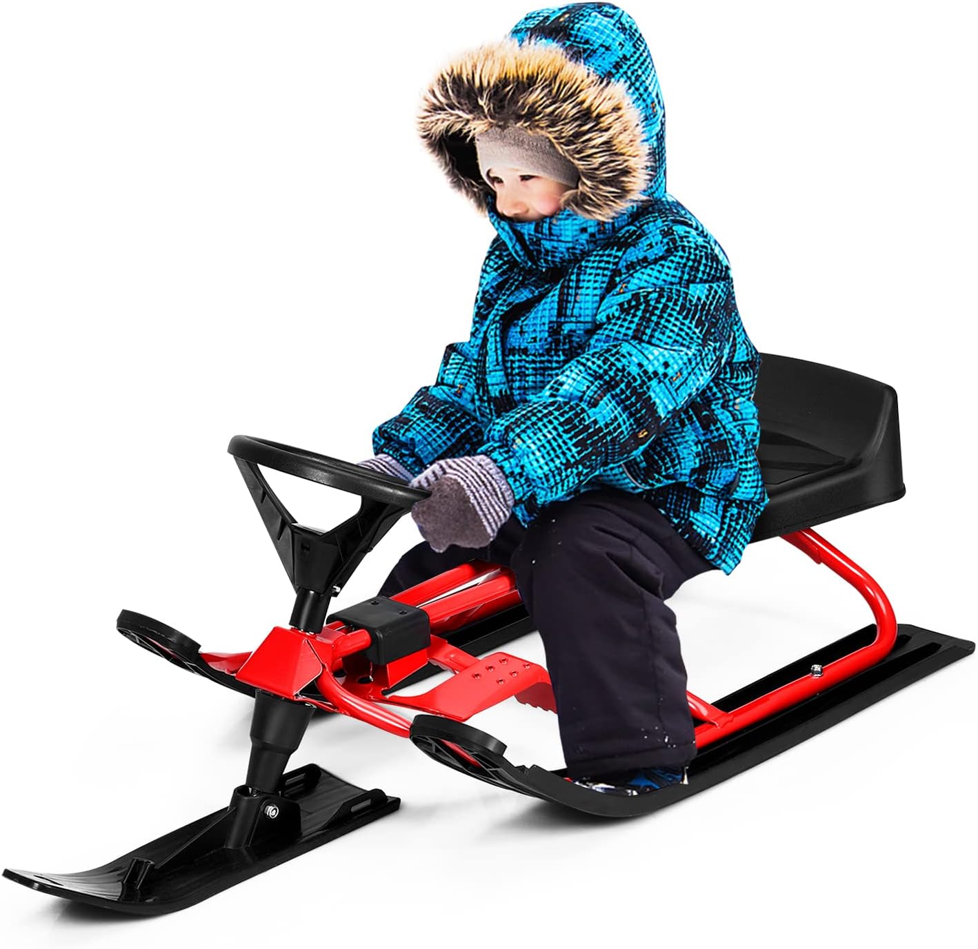 GYMAX Snow Racer Sled, Ski Sled Slider with Steering Wheel, Twin Brakes & Pull Rope, Heavy Duty Snow Slider Board for Kids Age 4 & up, Steerable Snow Sled for Kids Teenagers Adults