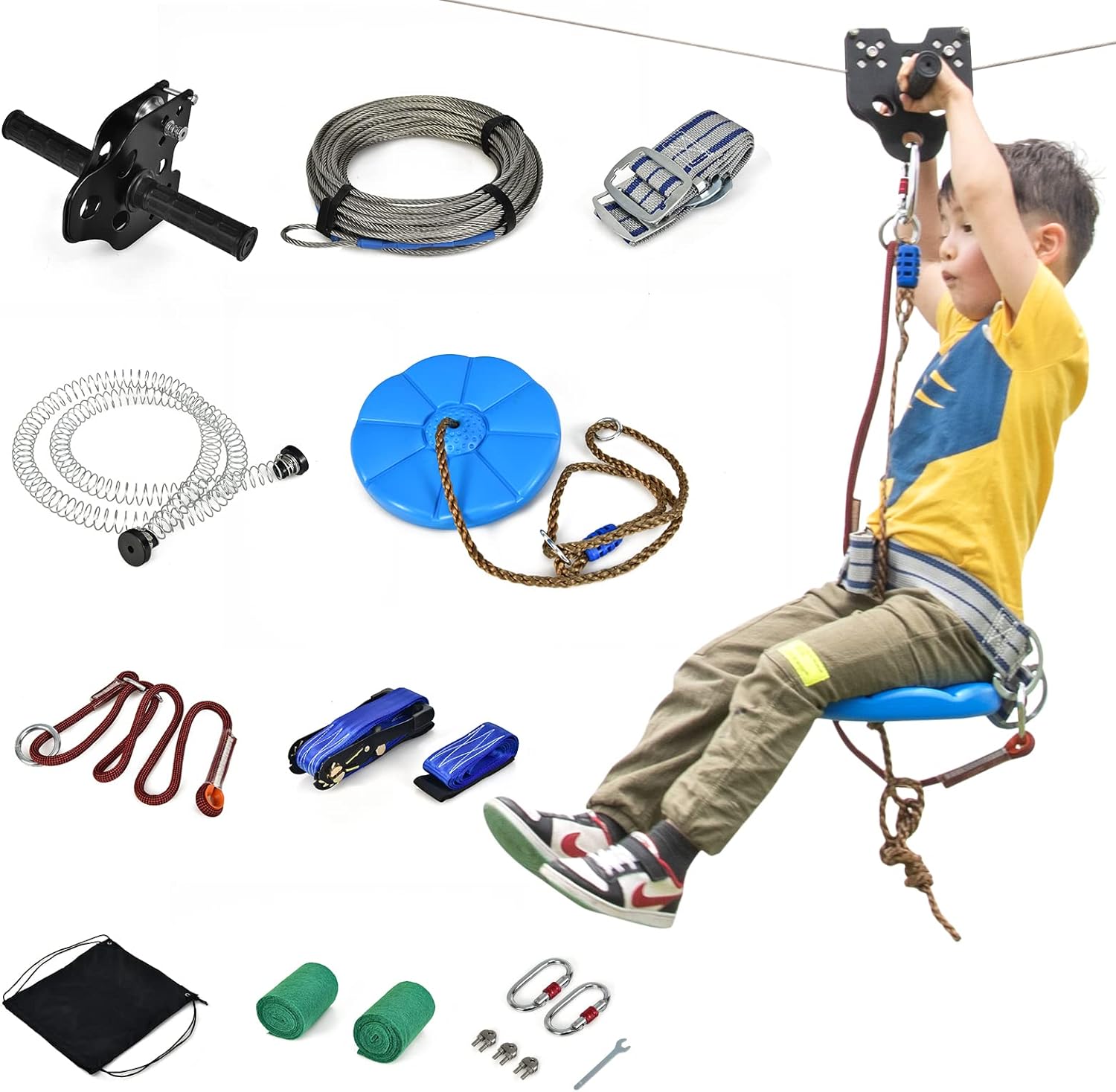 GYMAX 100FT Zipline Kit for Backyard Kids and Adults, ASTM Approved 400LBS Zipline with Stainless Steel Trolley Handle, Adjustable Seat, 6FT Spring Brake & Safety Belt