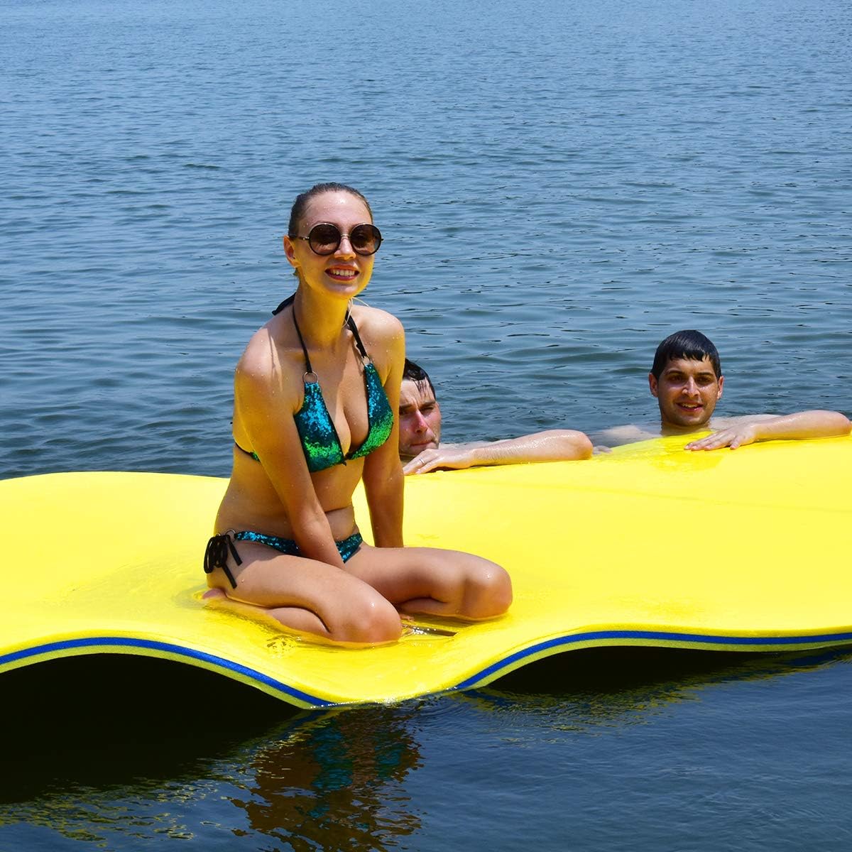 GYMAX Floating Water Pad, 9'/18' x 6' Water Foam Mat with Rolling Pillow, 3-Layer Floating Island for Pool River Lake Beach Ocean Water Activities