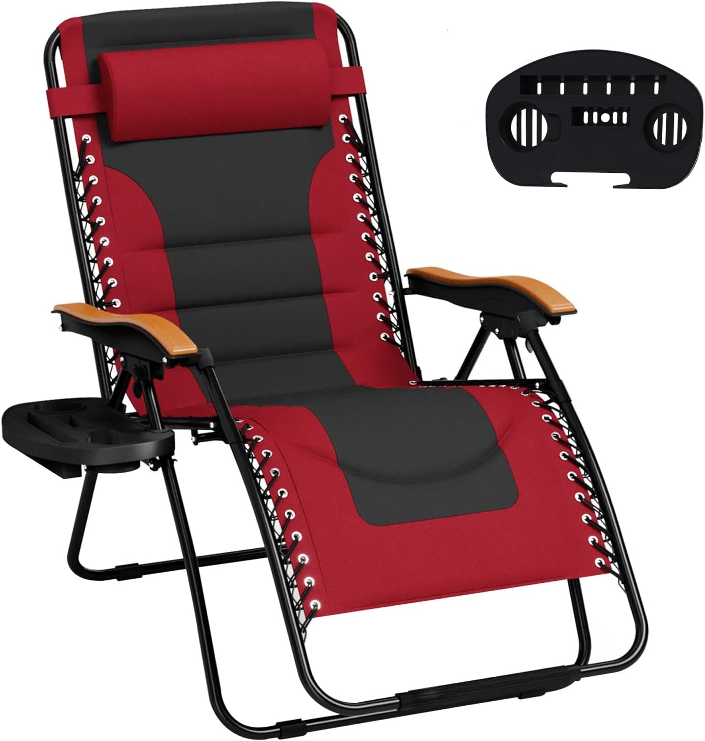 MFSTUDIO Zero Gravity Chairs, Oversized Patio Recliner Chair, Padded Folding Lawn Chair with Cup Holder Tray, Support 400lbs, Red