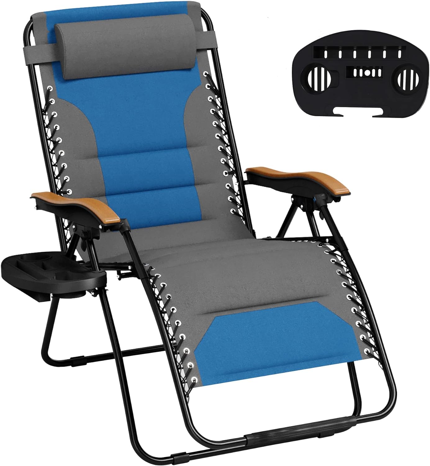 MFSTUDIO Zero Gravity Chairs, Oversized Patio Recliner Chair, Padded Folding Lawn Chair with Cup Holder Tray, Support 400lbs, Grey Blue