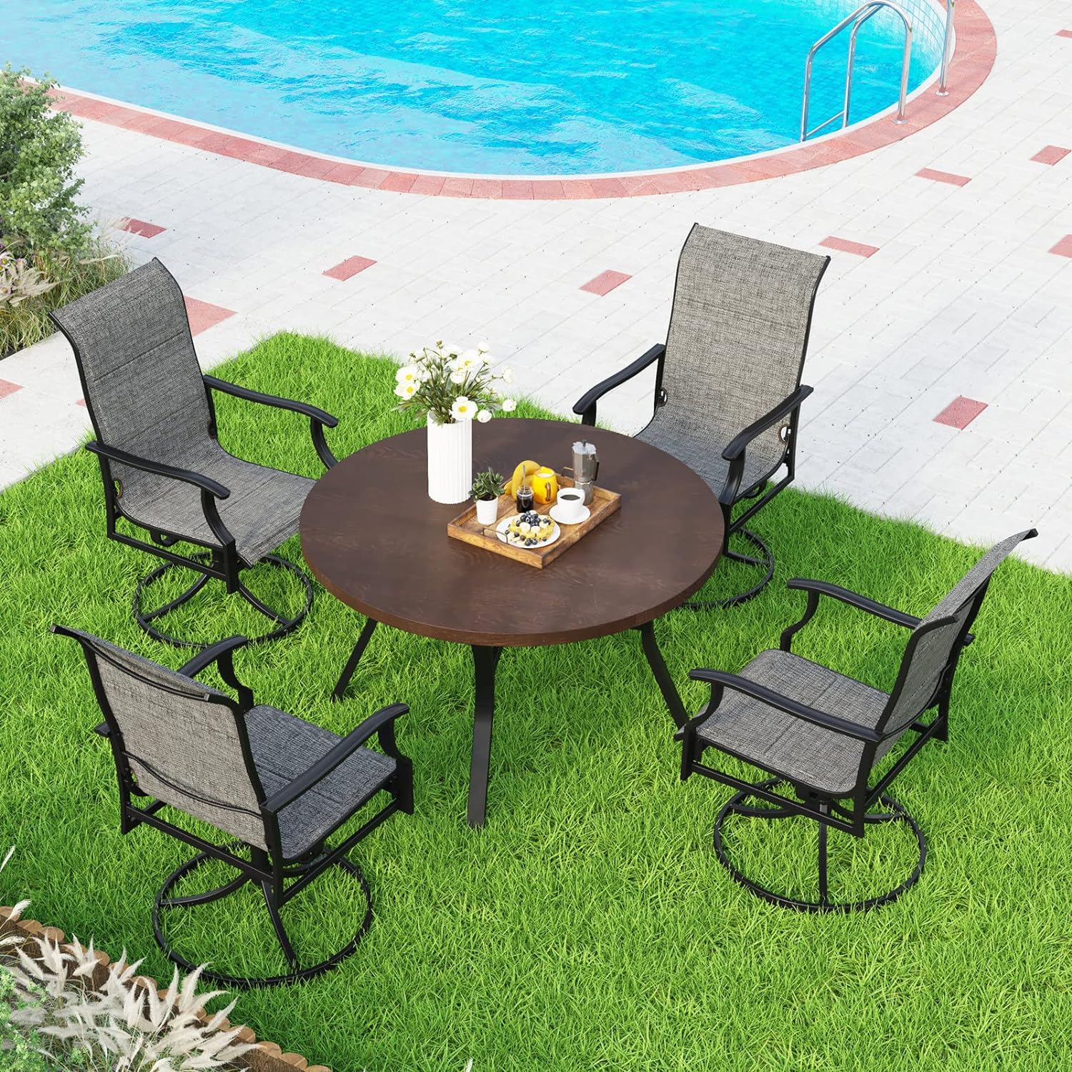 MFSTUDIO 5 Pieces Patio Dining Set,Outdoor Furniture Set with Round Wood-Like Metal Table and 4 Padded Textilene Fabric Swivel Chairs for Garden, Poolside, Backyard, Porch