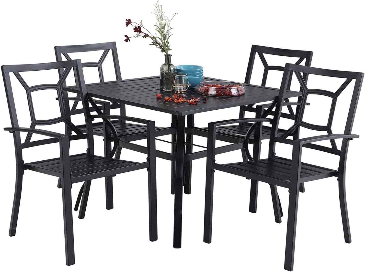 PHI VILLA 5 Piece Metal Patio Dining Set Armrest, Larger Square Table Set, 37 Square Bistro Table and 4 Backyard Garden Stackable Chairs - Umbrella Hole 1.57, Black