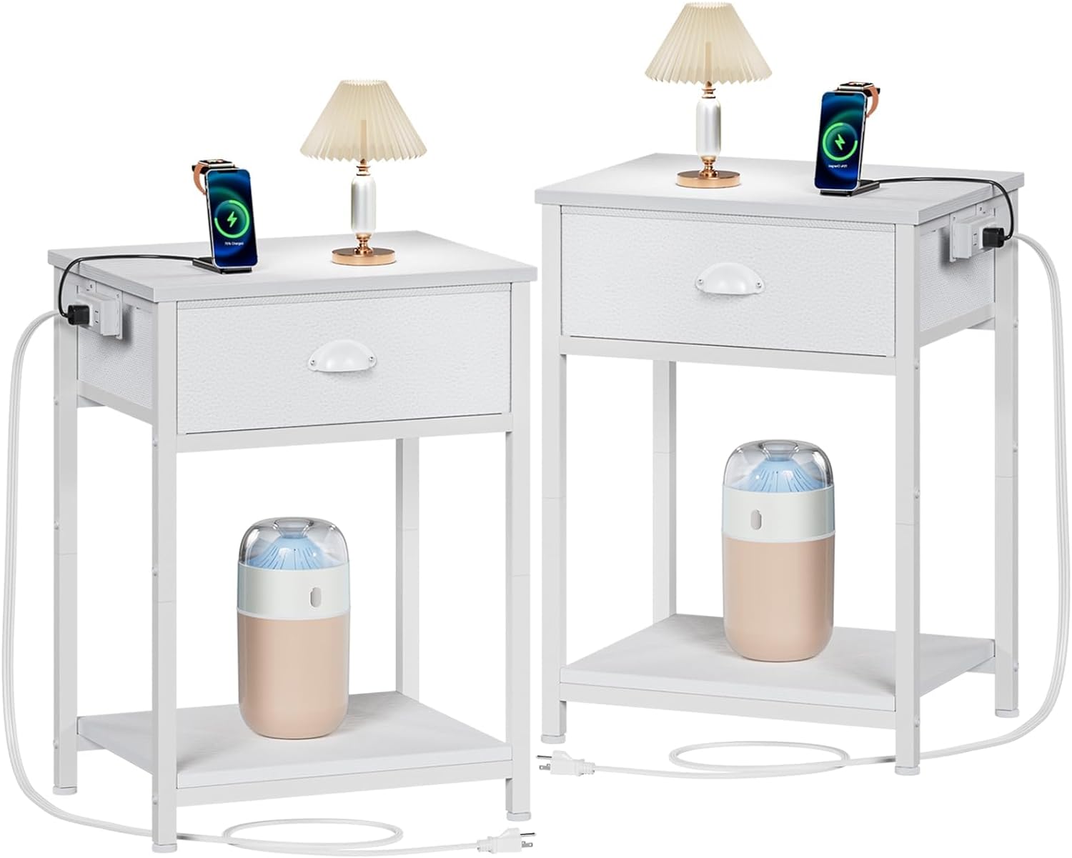 Furologee White Nightstands Set of 2 with Charging Station, Small Bed Side Table with Fabric Drawer for Small Spaces, 2 Tiers Storage Shelves End Table for Living Room, Bedroom, Dorm