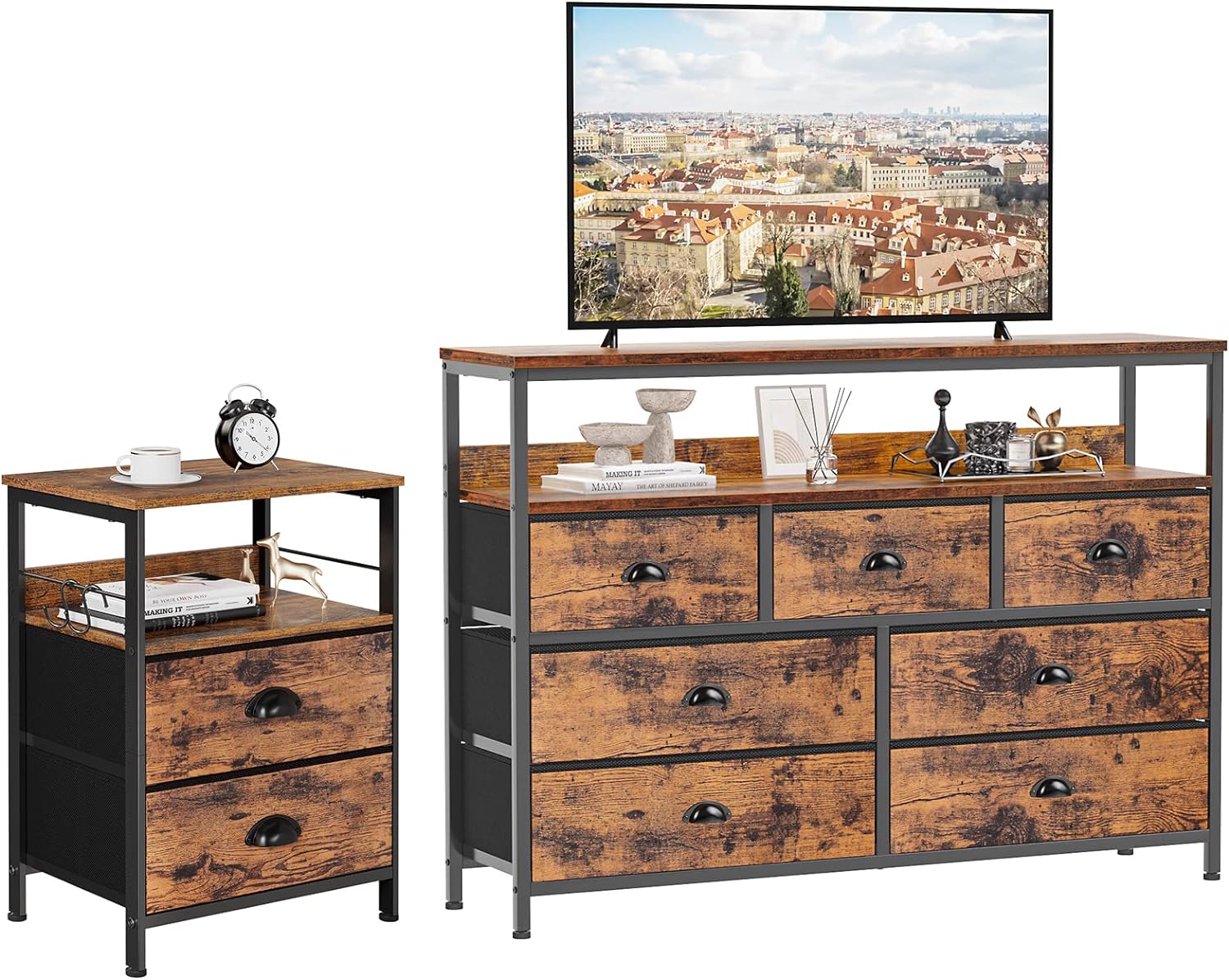 Furologee Dresser and Nightstand Set, TV Stand/Console Sofa Table with 7 Drawers, Nightstand with 2 Fabric Drawers, Bedside Table, Side Sofa Table with 2 Hooks for Bedroom/Living Room/Study/Halway