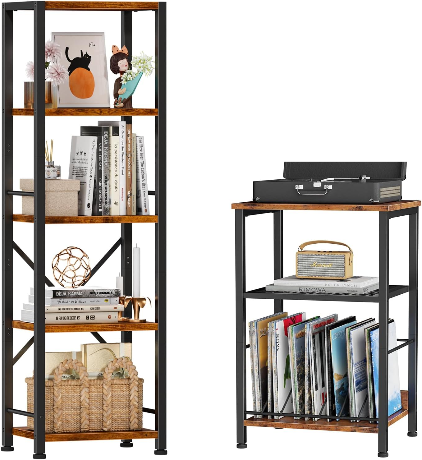 Furologee 5 Tier Tall Bookshelf and End Table, Rustic Narrow Bookcase, 3 Tier Record Player Stand, Metal and Wooden Standing Shelf Units, Nightstand Vinyl Record Holder Shelf Storage Up to 100 Albums