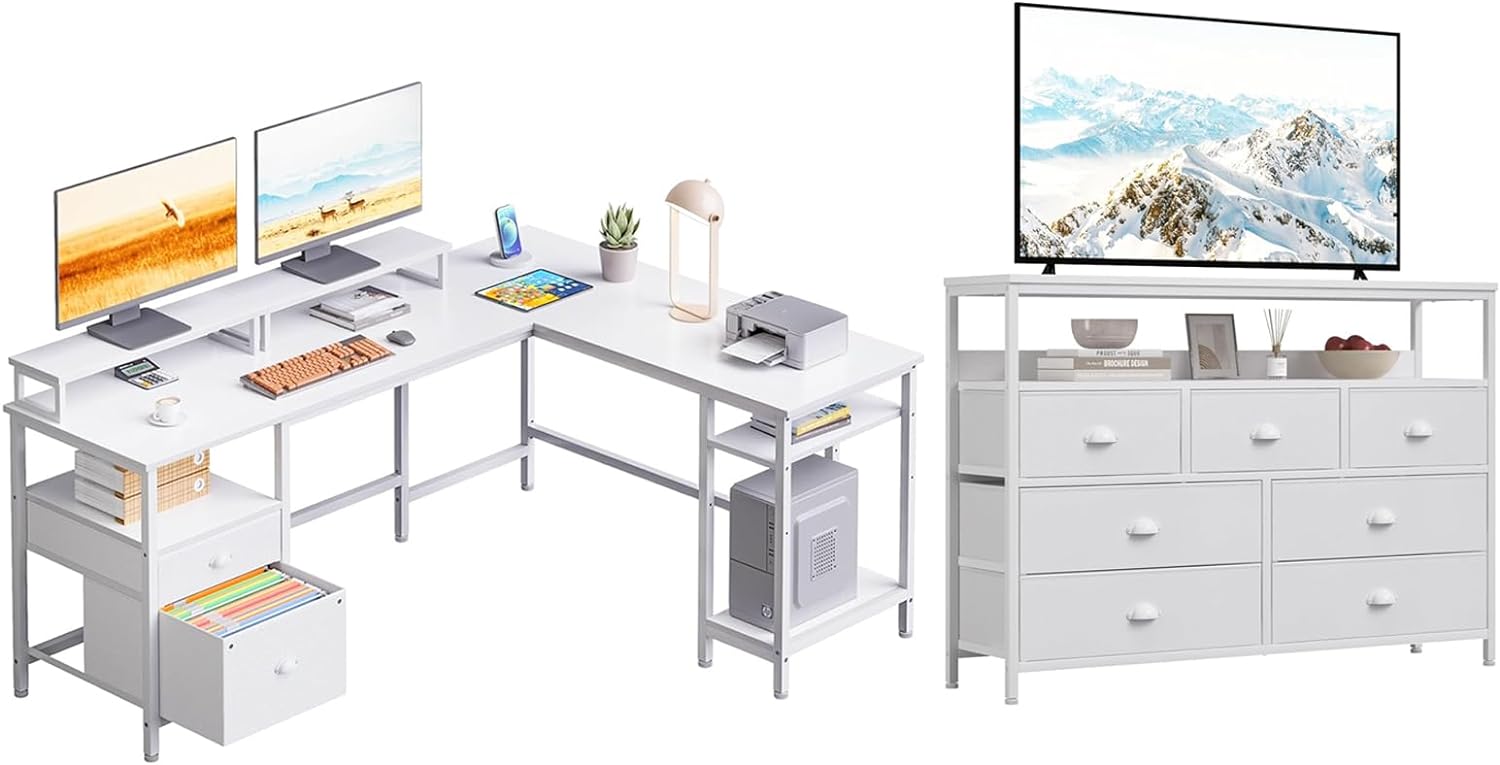 Furologee Dresser TV Stand, Console Sofa Table with 7 Drawers, White 66 L Shaped Desk with Shelves, Reversible Corner Computer Desk with File Drawer