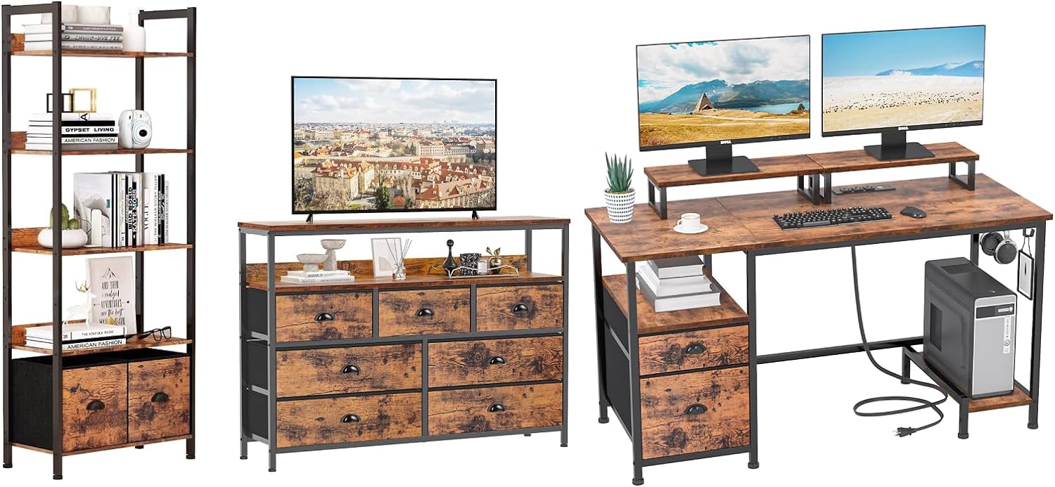 Furologee Brown Dresser TV Stand Computer Desk 5-Tier Bookshelf Bedroom Set Console Sofa Table with 7 Drawers and 2-Tier Open Shelves, Entertainment Center for 45 TV Office Desk with Drawer and Power