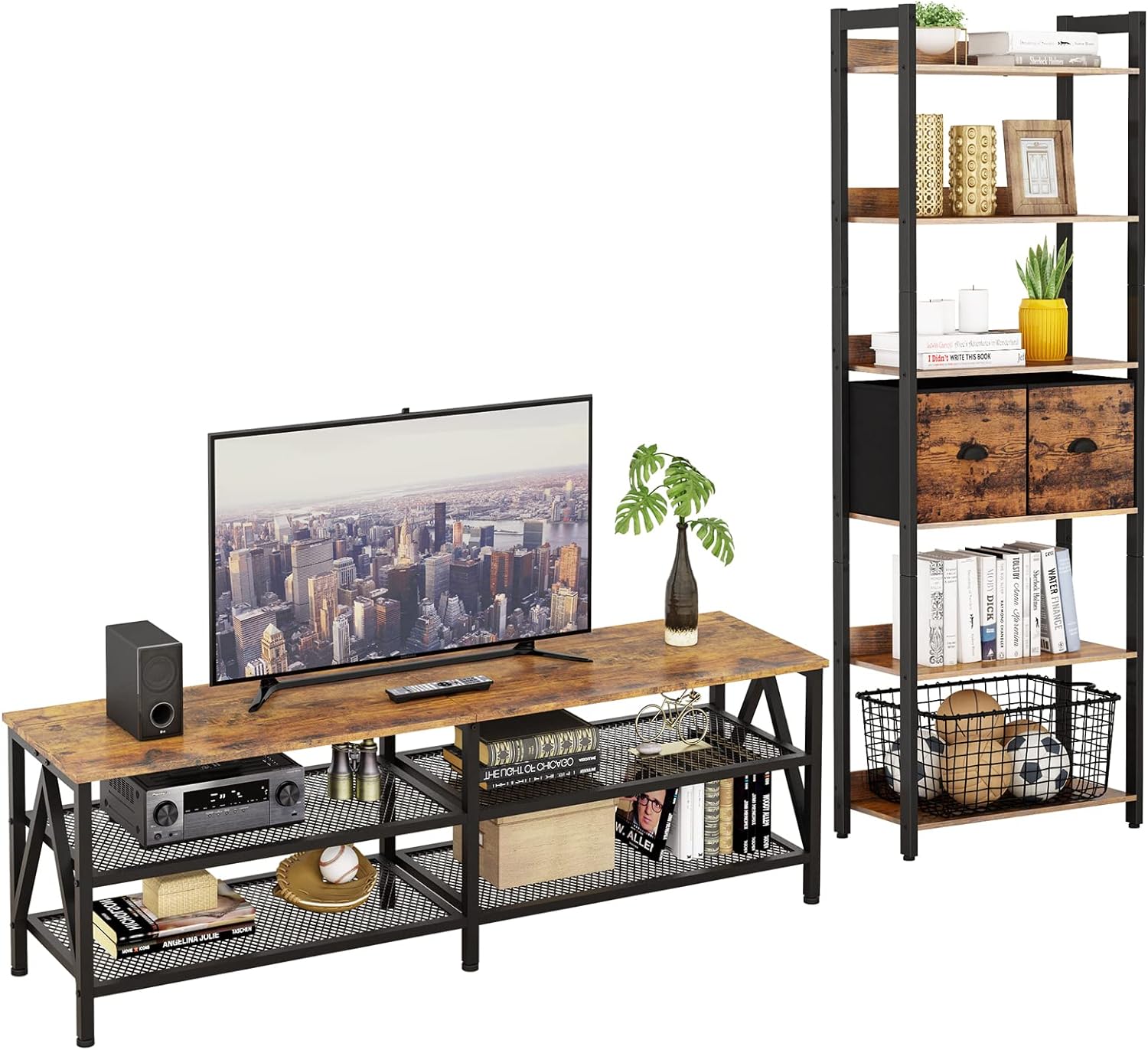 Furologee TV Stand with 3-Tier Open Storage Shelves and 6-Tier Bookshelf, Tall Rustic Bookcase with 2 Drawers Storage Organizer,