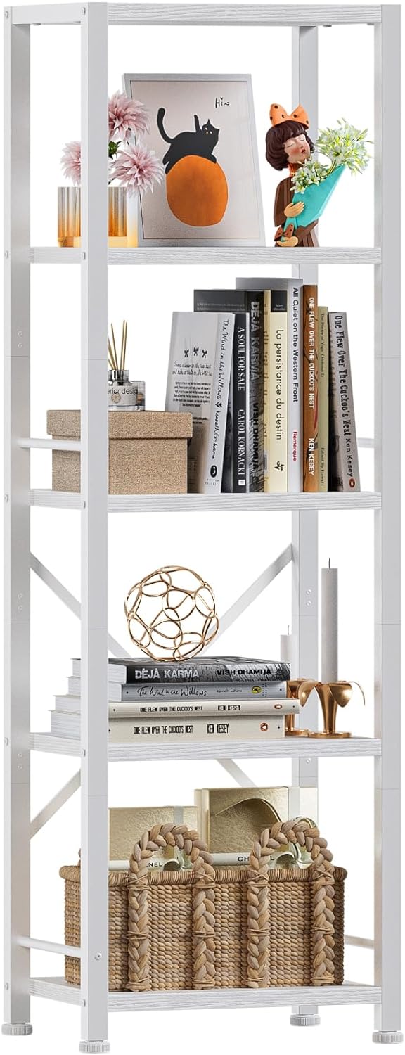 Furologee White Bookshelf 5 Tier Bookcase, Tall Narrow Bookshelves, Modern Freestanding Shelf Units, Metal and Wood Display Storage Corner Shelves Organizer for Bedroom, Living Room, Office, Bathroom