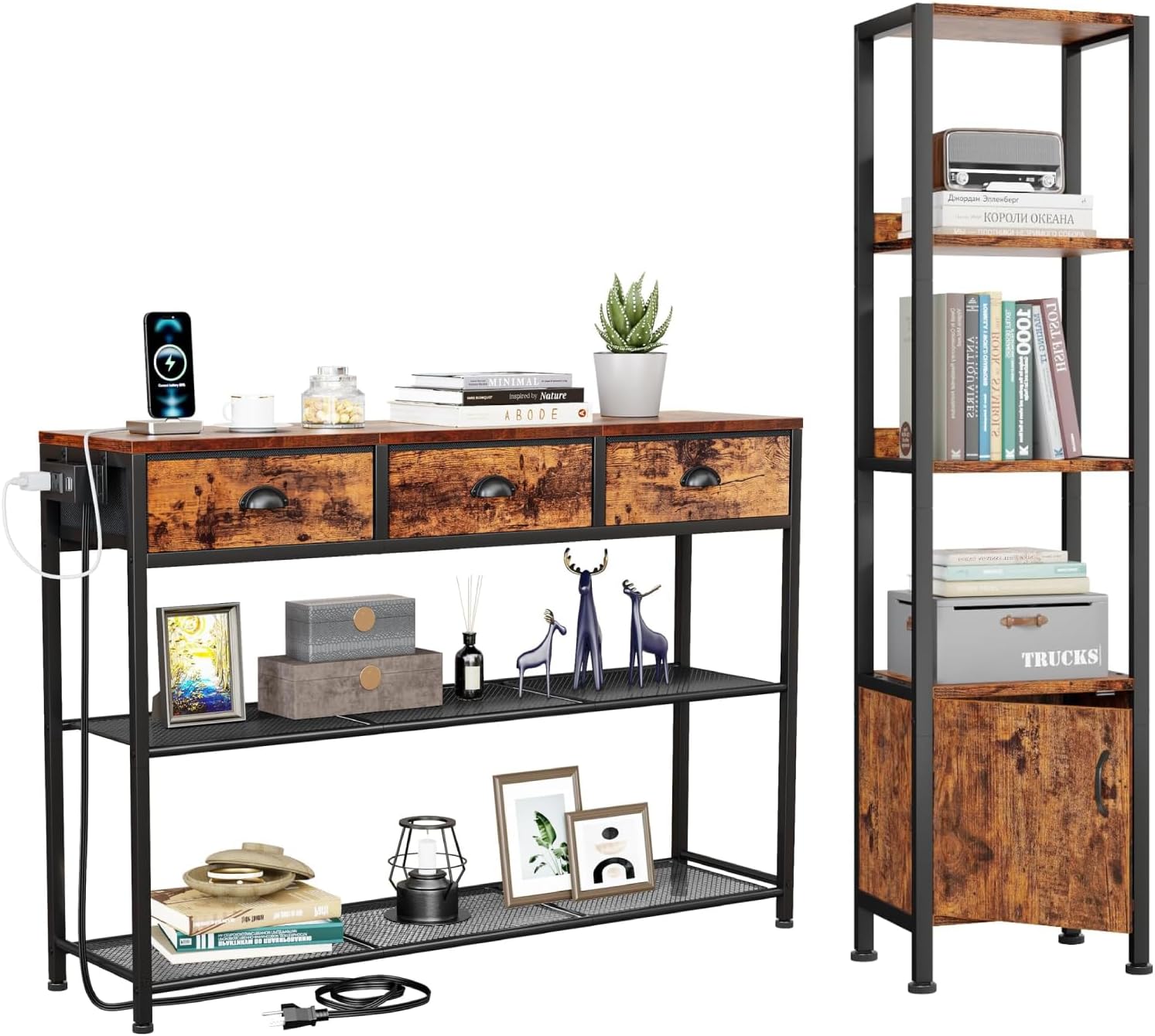 Furologee Console Table with Charging Station & 3 Fabric Drawers, Narrow 4-Tier Bookshelf, Bookcase with Storage Cabinet for Bedroom