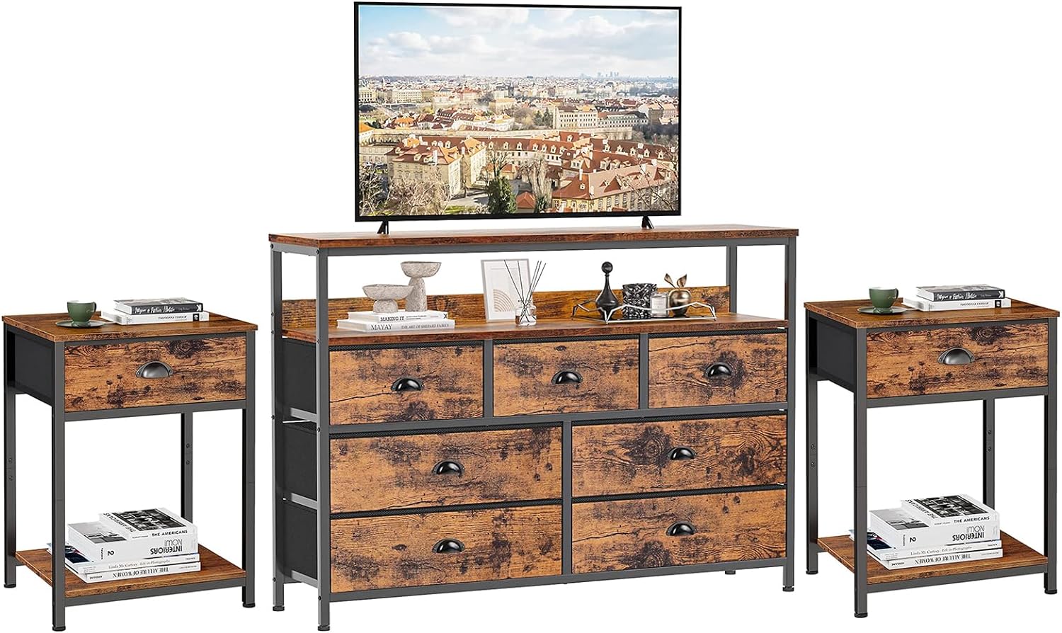 Furologee Dresser TV Stand and Nightstands Set of 2, Console Sofa Table with 7 Drawers and 2-Tier Open Shelves, Entertainment Center for 45 TV