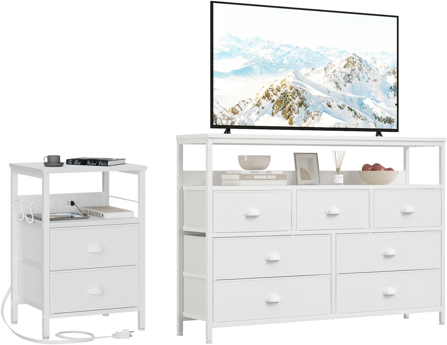 Furologee Dresser TV Stand and Nightstand, Console Sofa Table with 7 Drawers and 2-Tier Open Shelves, End Table with Charging Station, for Bedroom, Living Room, Entryway, White