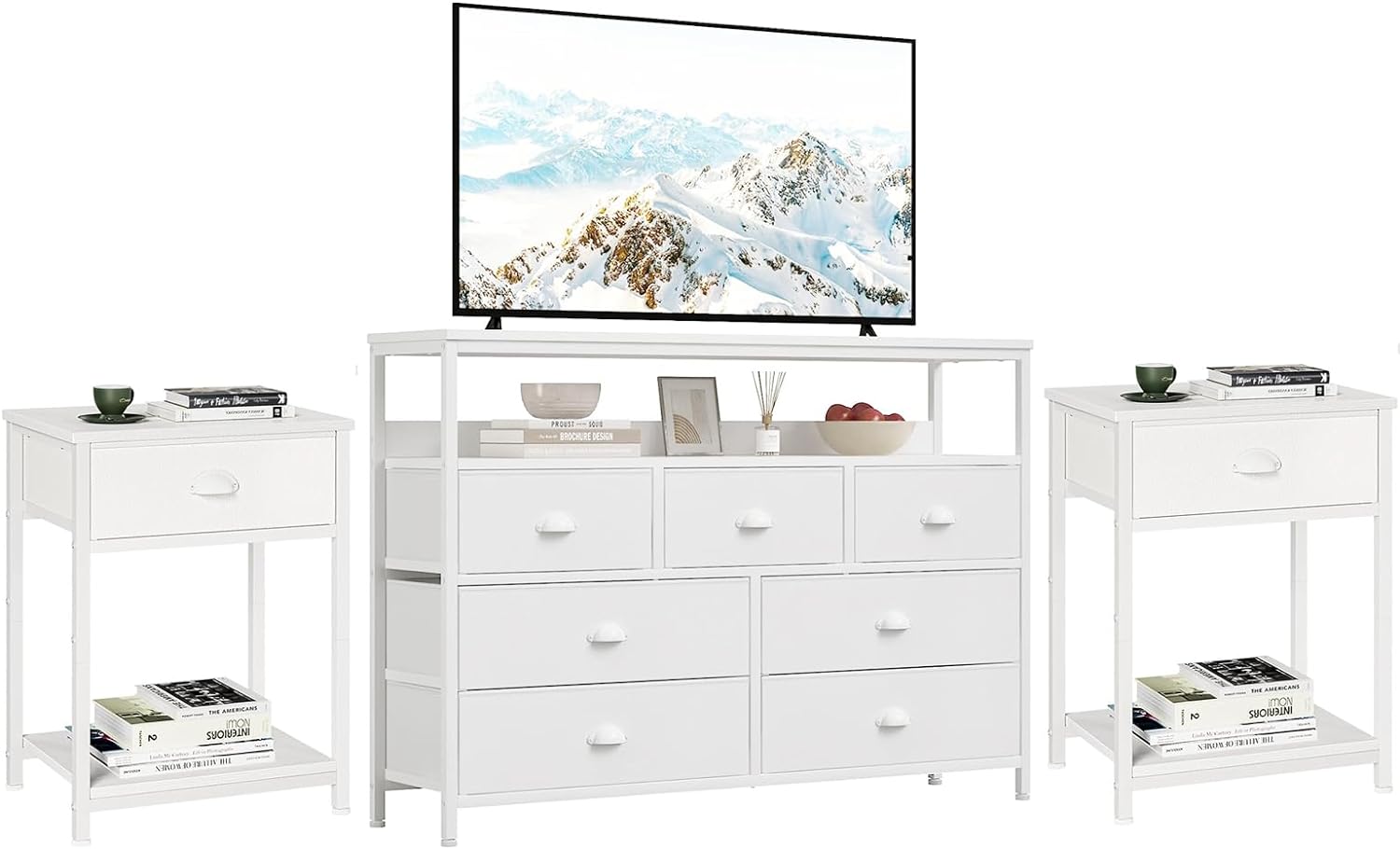 Furologee White Nightstands Set of 2 and Dresser TV Stand