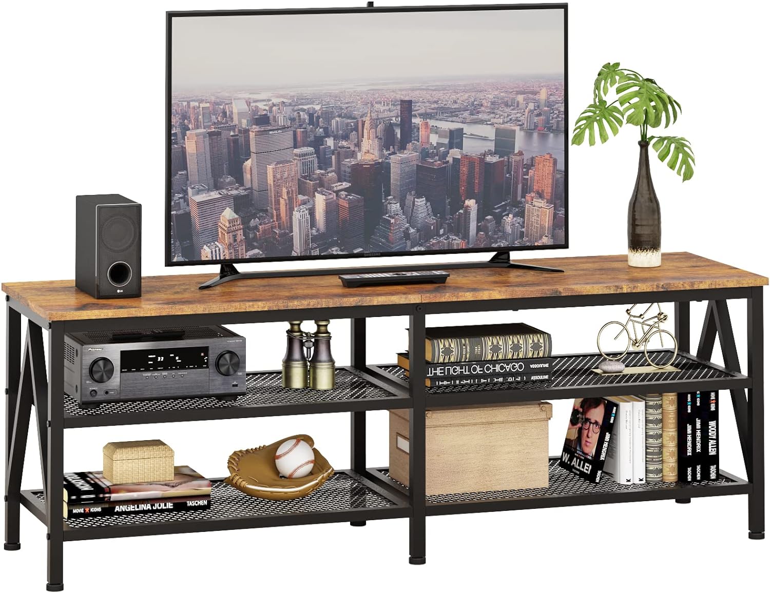 Furologee TV Stand for 60 65 inch TV, Long 55 Entertainment Center with 3-Tier Open Storage Shelves, Industrial TV Console Table for Living Room, Rustic Brown