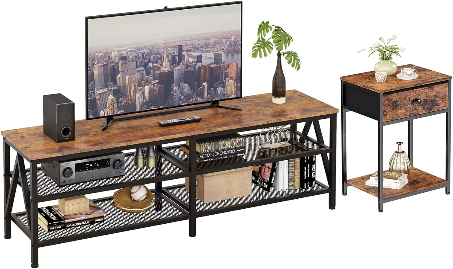 Furologee TV Stand for 60 65 inch TV, End Table with Storage Shelf and Fabric Drawer, 2 Tiers Industrial Nightstand, Rustic Brown Wooden Look and Black Metal Frame