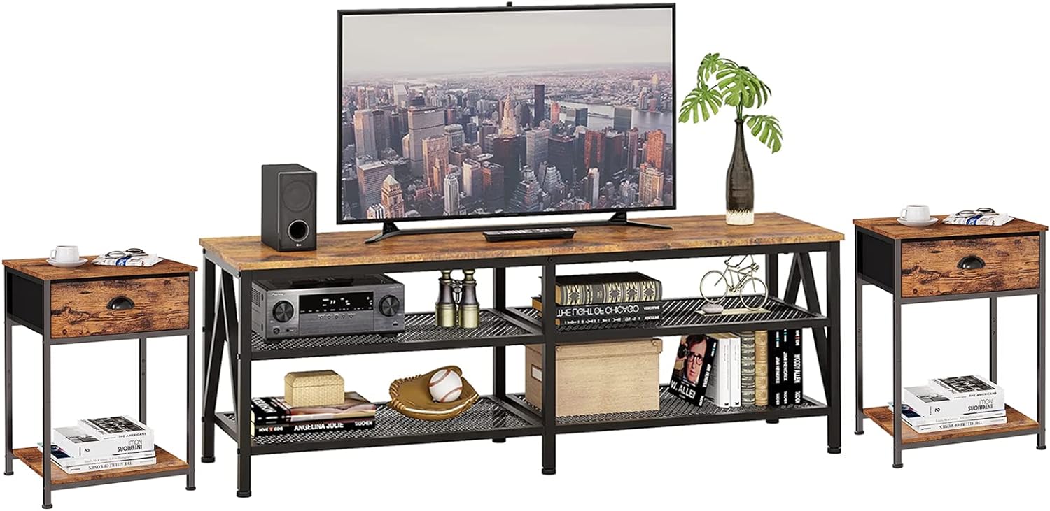 Furologee TV Stand for 75 inch TV, Long 71 Entertainment Center, Nightstands Set of 2, Industrial End Table, for Living Room, Bedroom, Rustic Brown