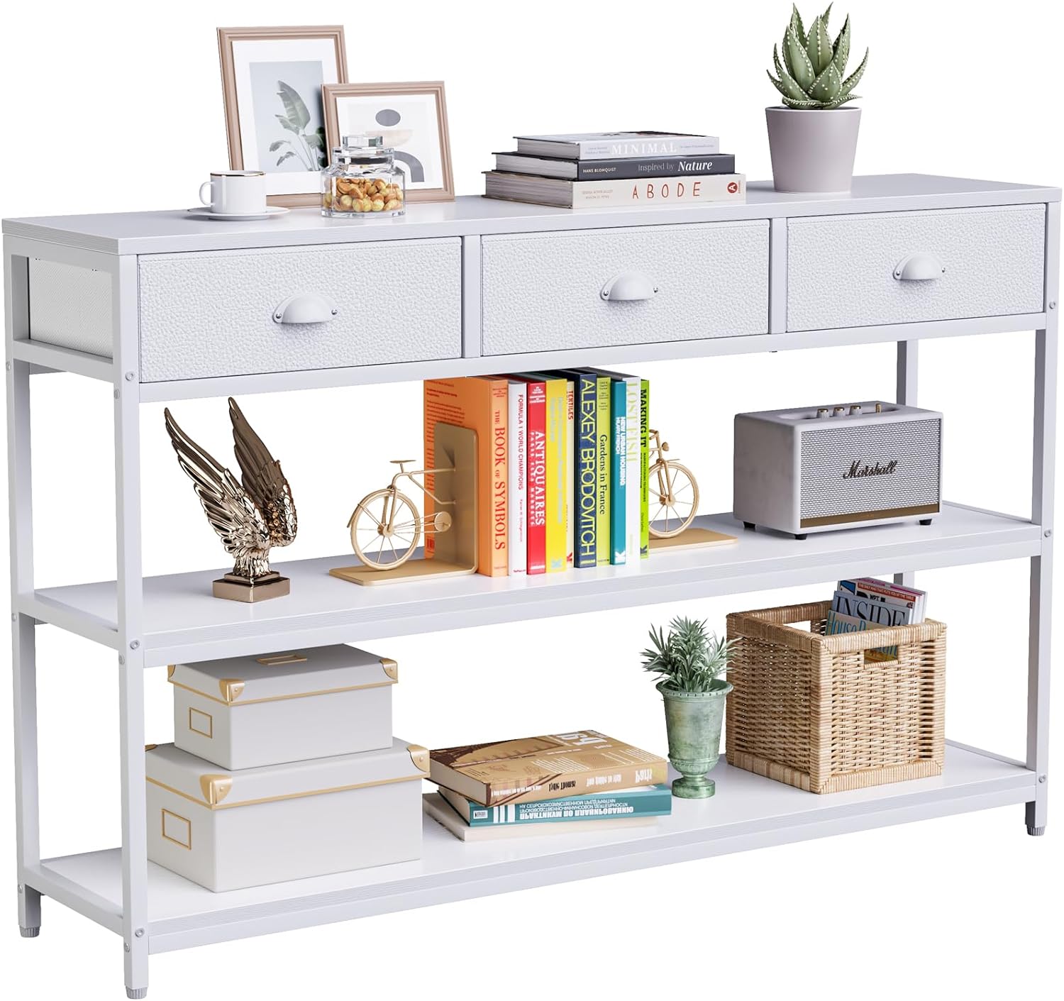 White Long 47 Console Sofa Table with 3 Drawers, Entryway Table with 3-Tier Storage Shelves, Display Shelf for Entry Way, Hallway, Couch, Living Room, Kitchen, Foyer